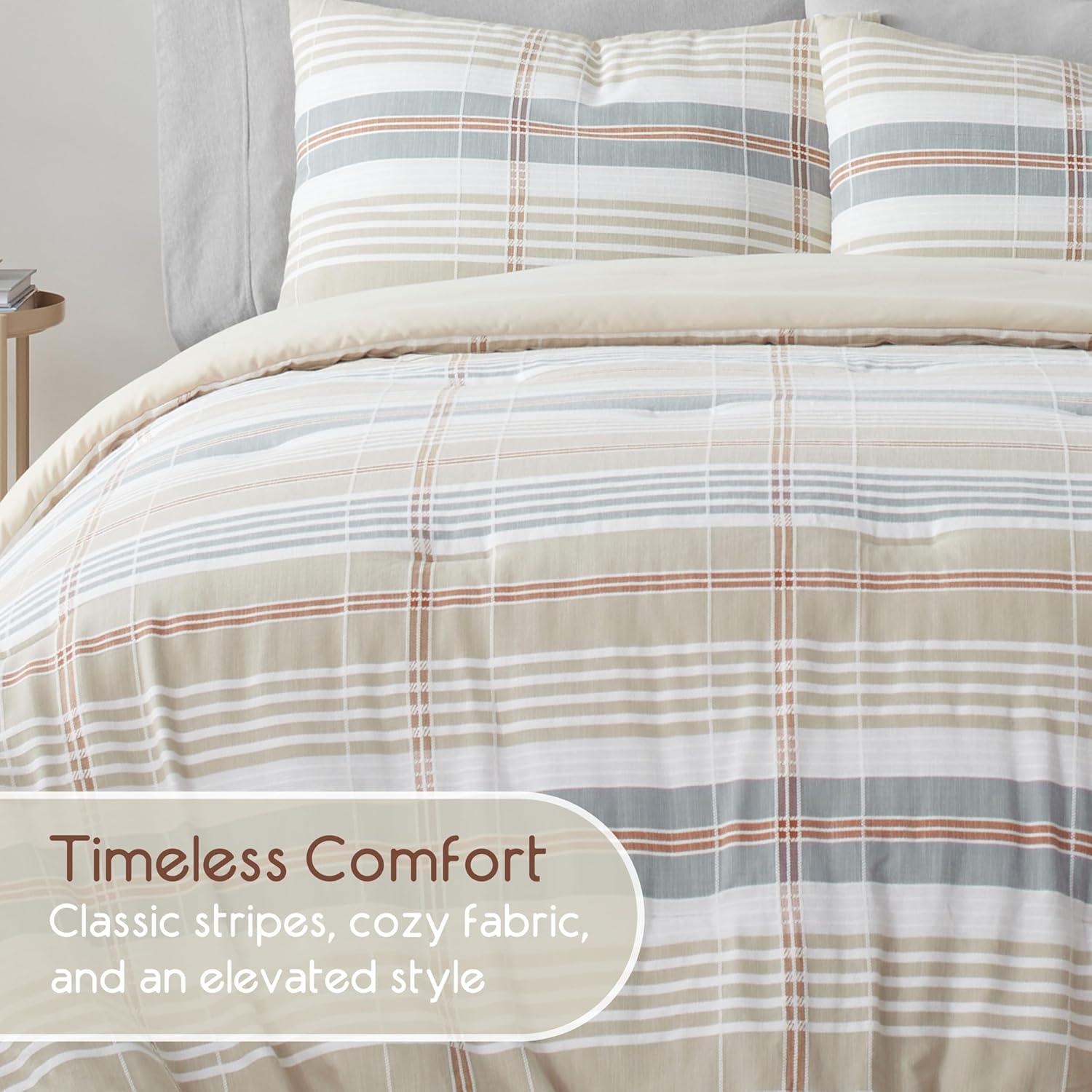 Vellux Oslo Plaid King Comforter Set, 3-Piece, 100% Cotton, Soft & Lightweight, 108x94, Taupe