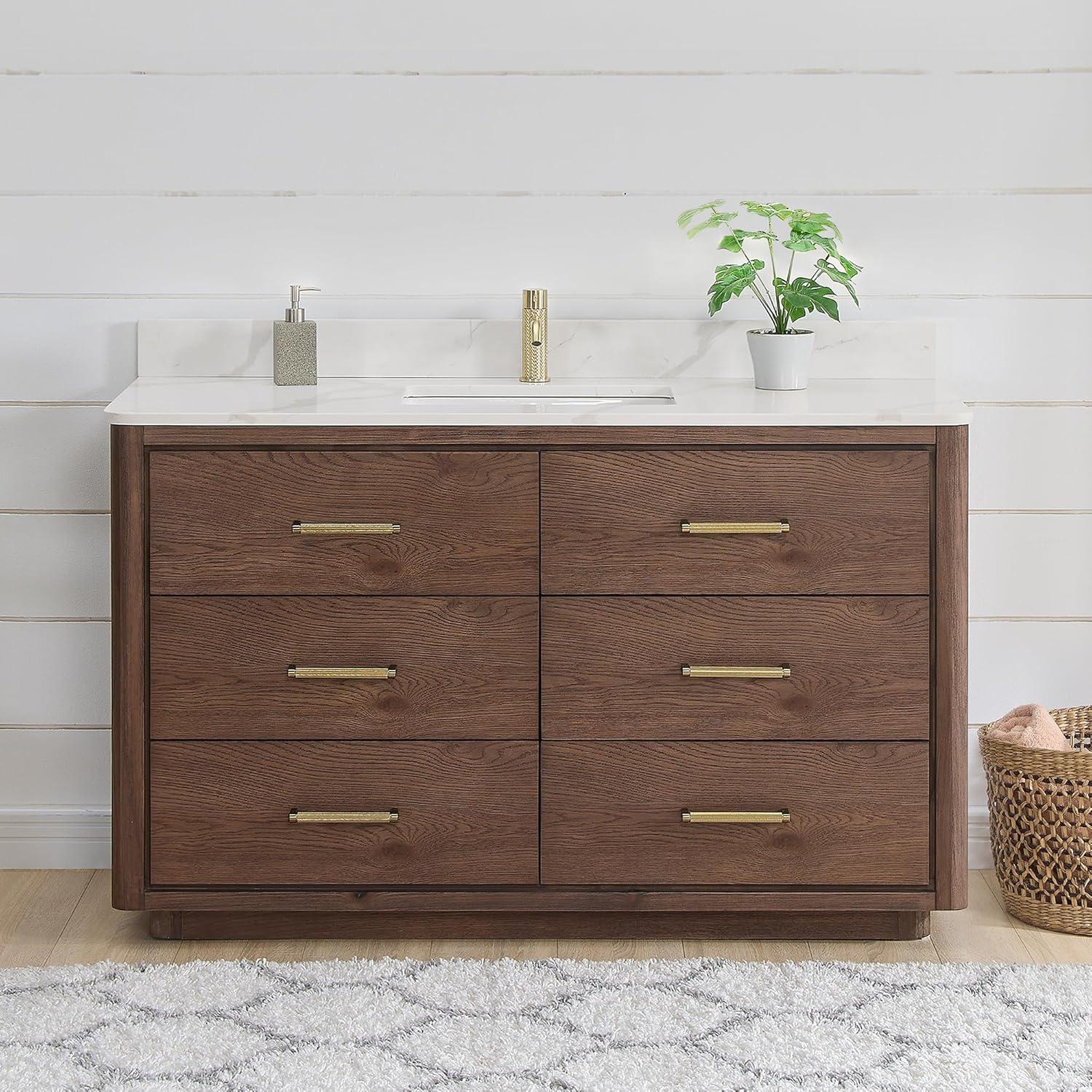 Porto 55" Aged Dark Brown Oak Single Bath Vanity with Fish Maw White Quartz