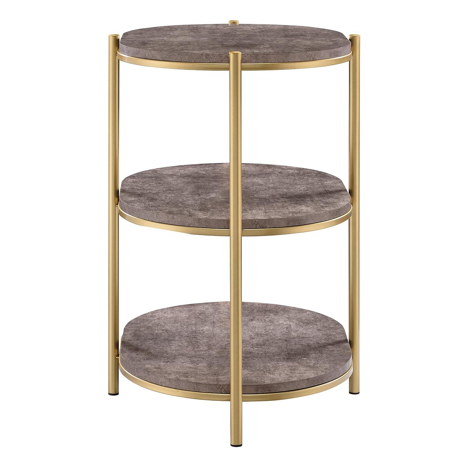 OSP Home Furnishings Renton 3-Tier Oval Side Table, Brown Stone Shelves and Soft Gold Frame