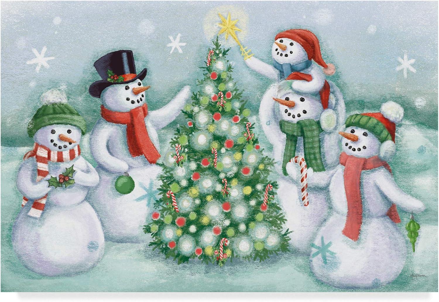 Classic Snowmen Family Christmas Canvas Art in Light Blue and Green