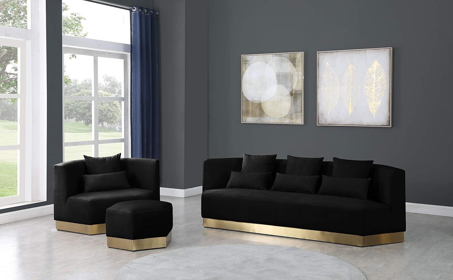 Marquis Black Velvet Ottoman with Gold Base