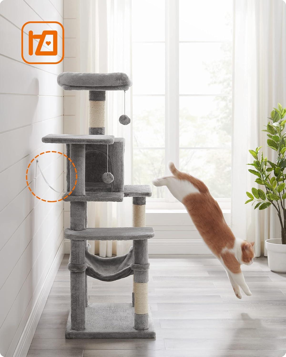 Feandrea 56.3'' Cat Tree Tower for Indoor Cats ,Multi-Level Cat Condo Cat Furniture with Scratching Posts, Perches, Hammock, Cave ,Light Gray