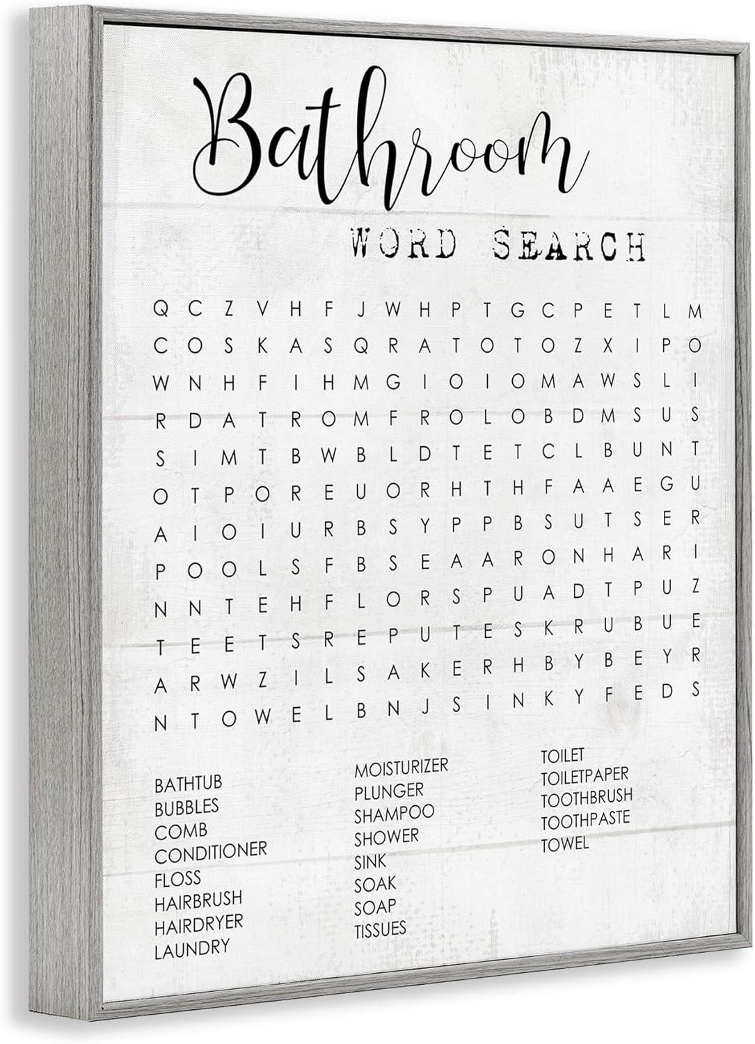 Stupell Industries Bathroom Word Search Fun Family Word Design Gray Framed Giclee, 11 x 14