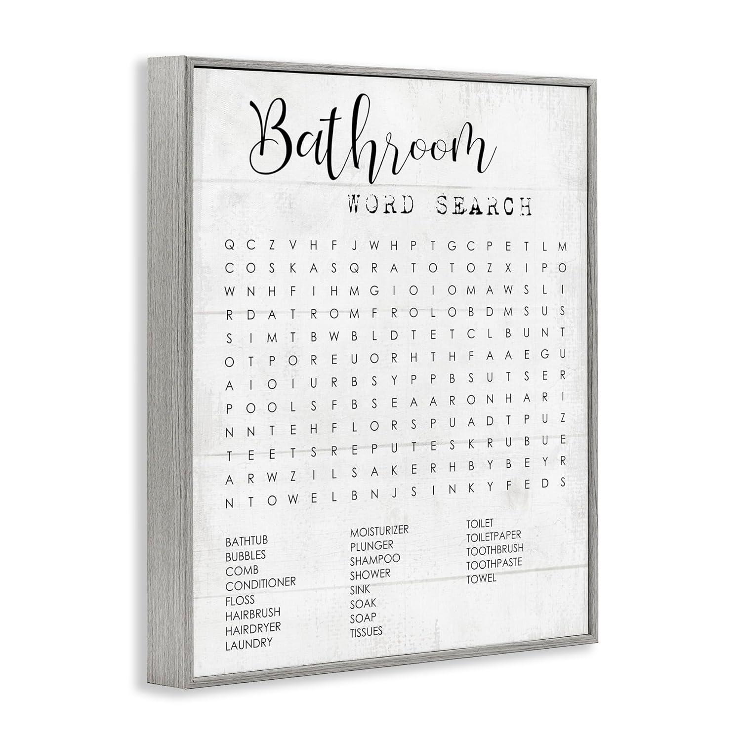 Stupell Industries Bathroom Word Search Fun Family Word Design Gray Framed Giclee, 11 x 14