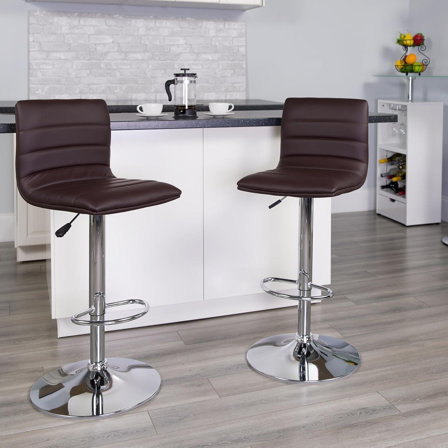 Flash Furniture Vincent 2 Pack Modern Brown Vinyl Adjustable Bar Stool with Back, Counter Height Swivel Stool with Chrome Pedestal Base