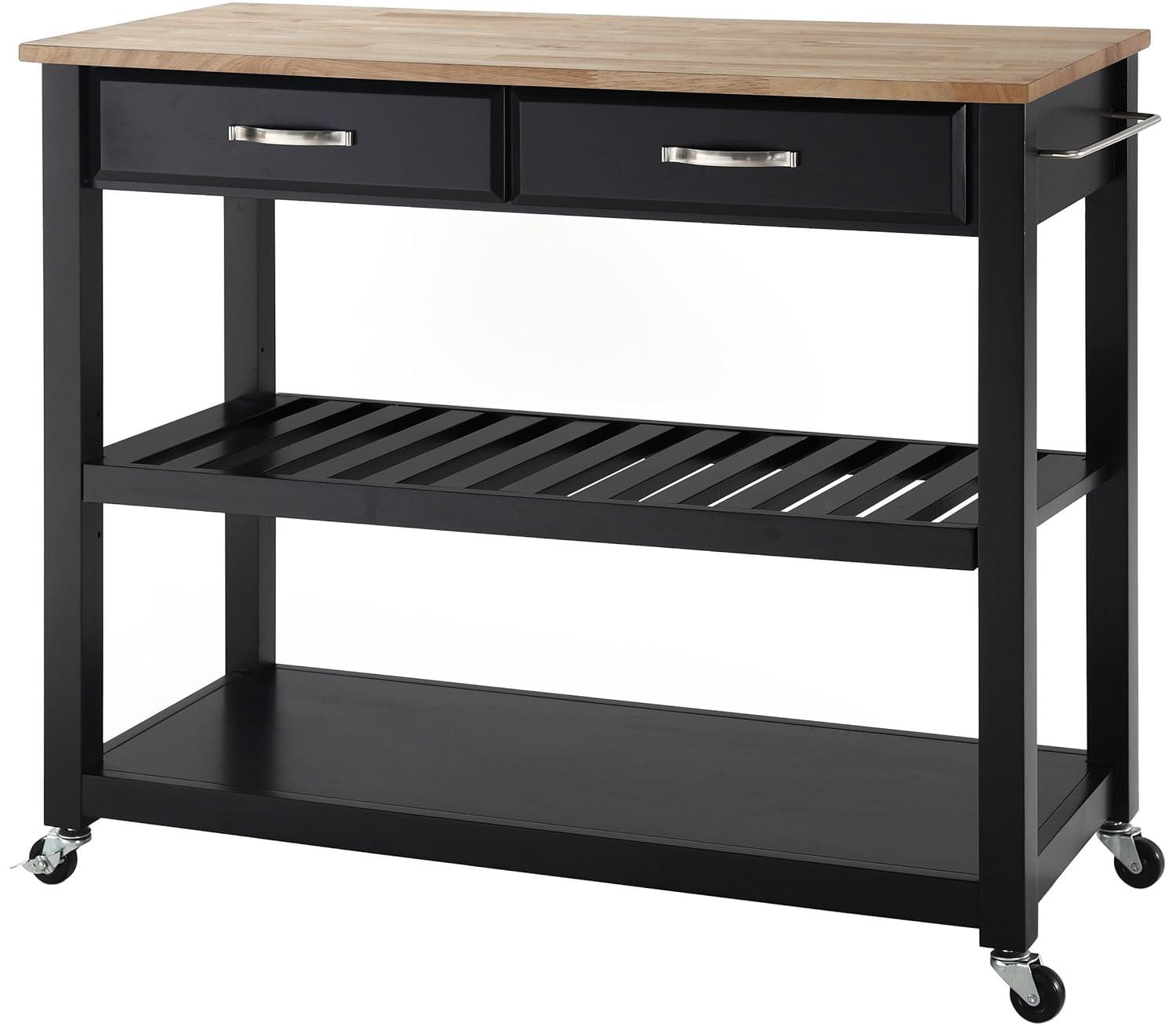 Natural Wood Top Kitchen Cart/Island with Optional Stool Storage - Black - Crosley: Solid Hardwood, Adjustable Shelf, Wheeled