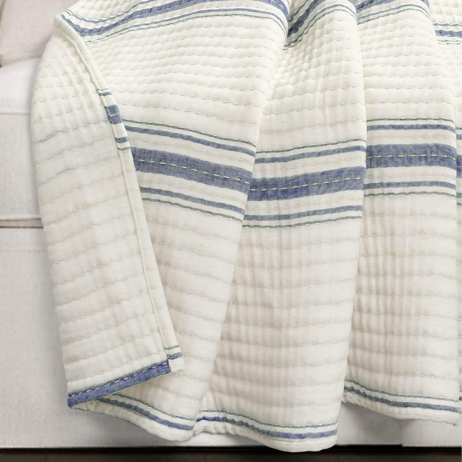 Lush Decor Farmhouse Stripe Kantha Pick Stich Yarn Dyed Cotton Woven Throw Reversible Ticking Pinstripe Design Blanket, 50" x 60", Navy