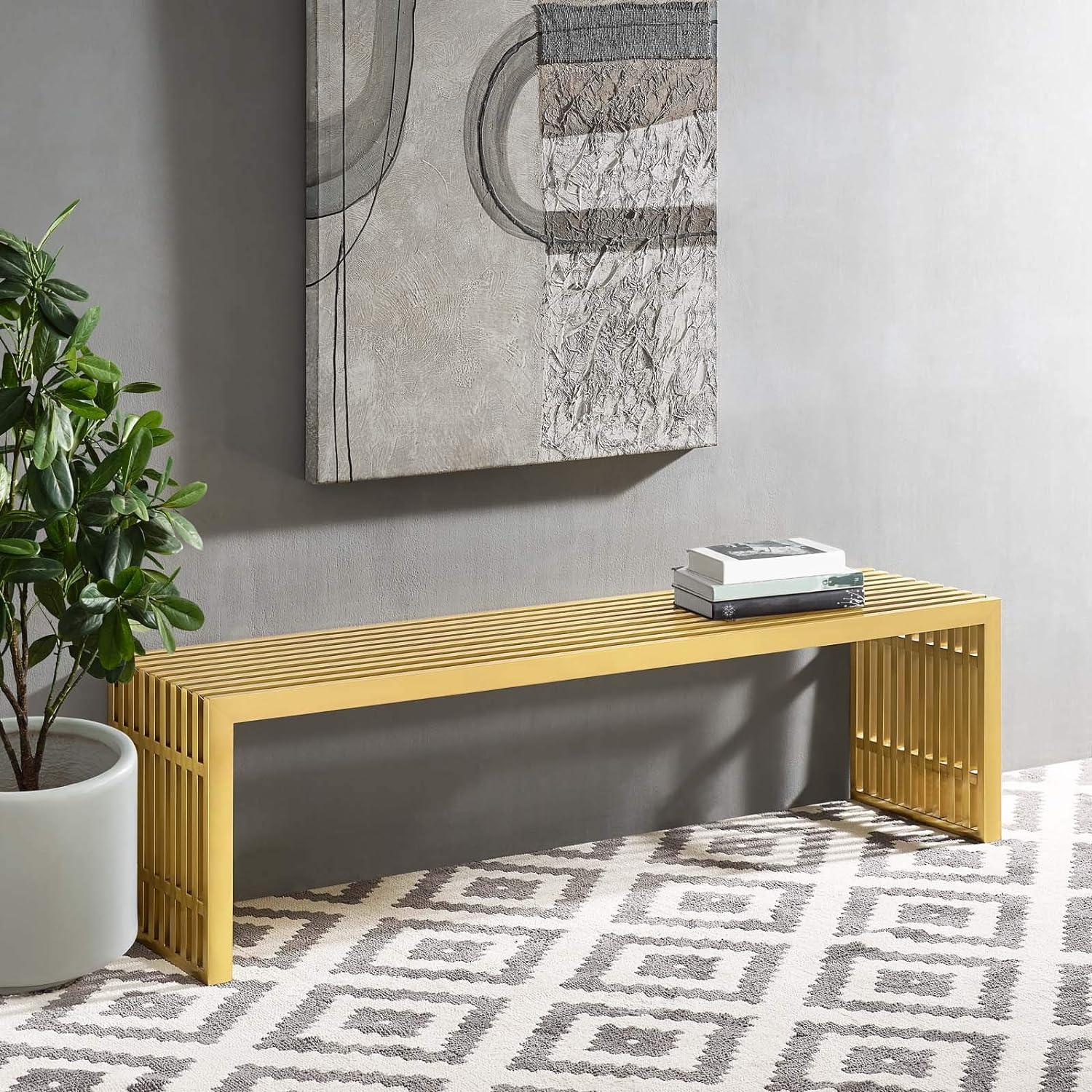 Elegant Gridiron 60'' Gold Stainless Steel Bedroom Bench