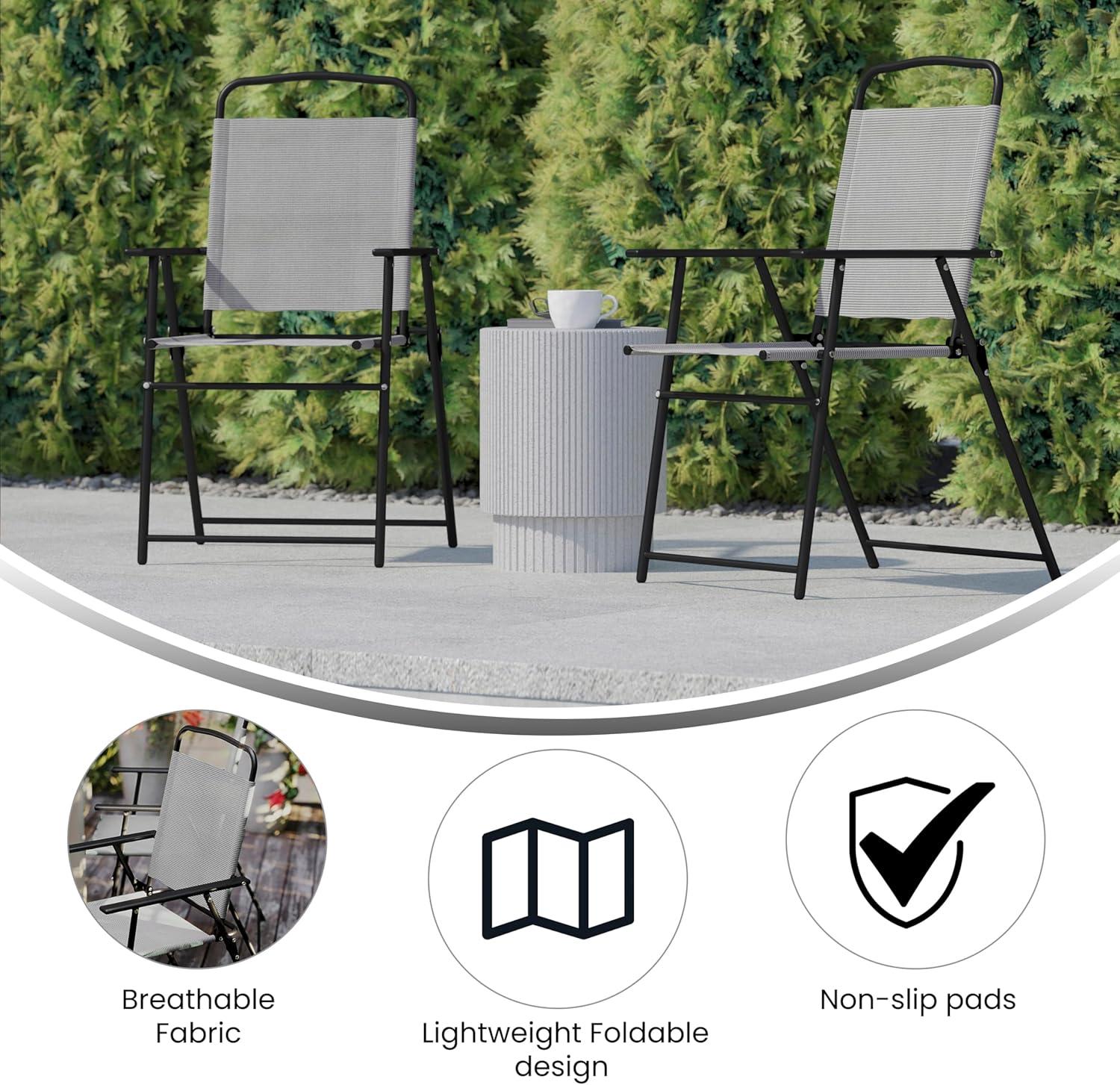 Flash Furniture Set of 2 Mystic Folding Patio Sling Chairs, Outdoor Textilene Lawn Chairs with Armrests in Gray