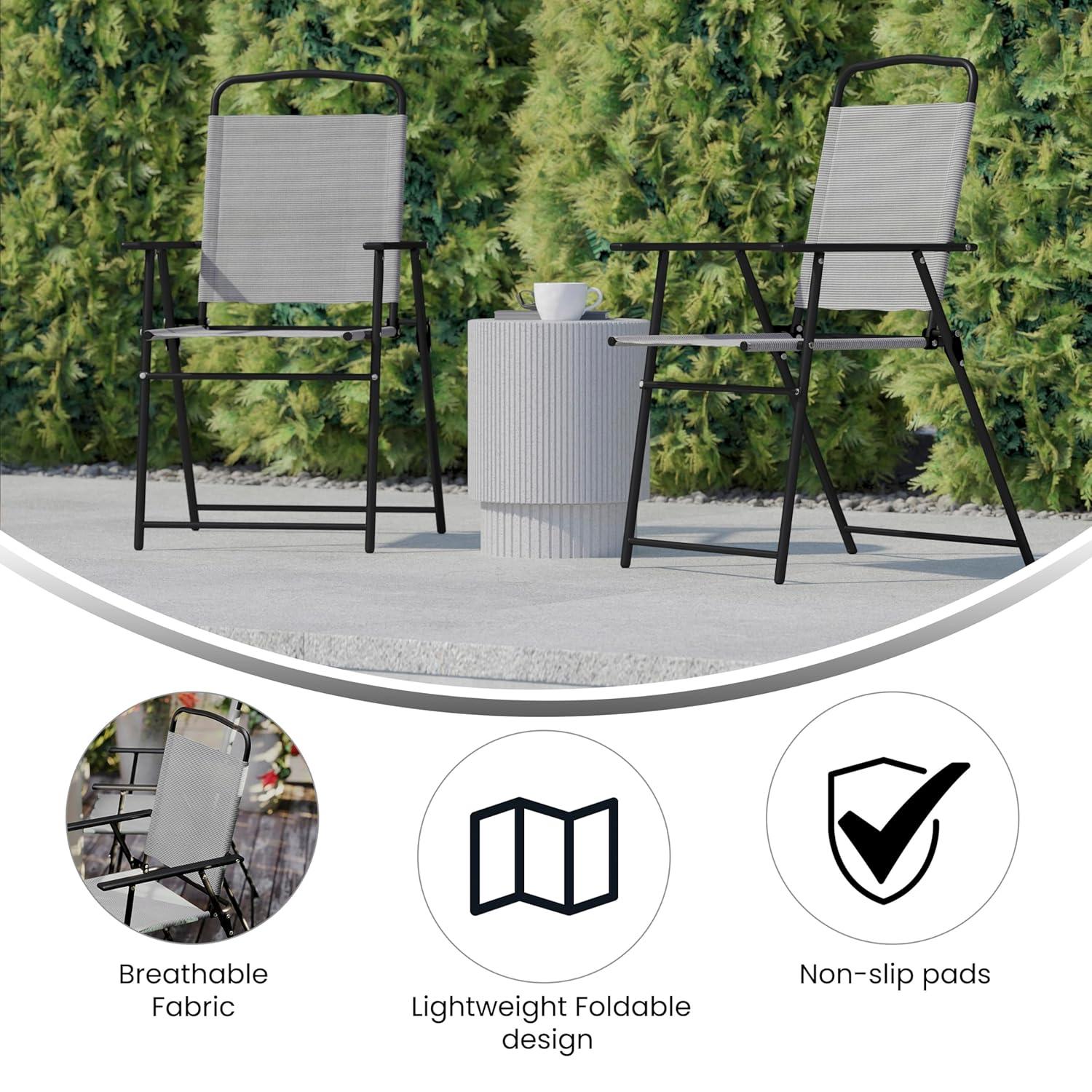 Flash Furniture Set of 2 Mystic Folding Patio Sling Chairs, Outdoor Textilene Lawn Chairs with Armrests in Gray
