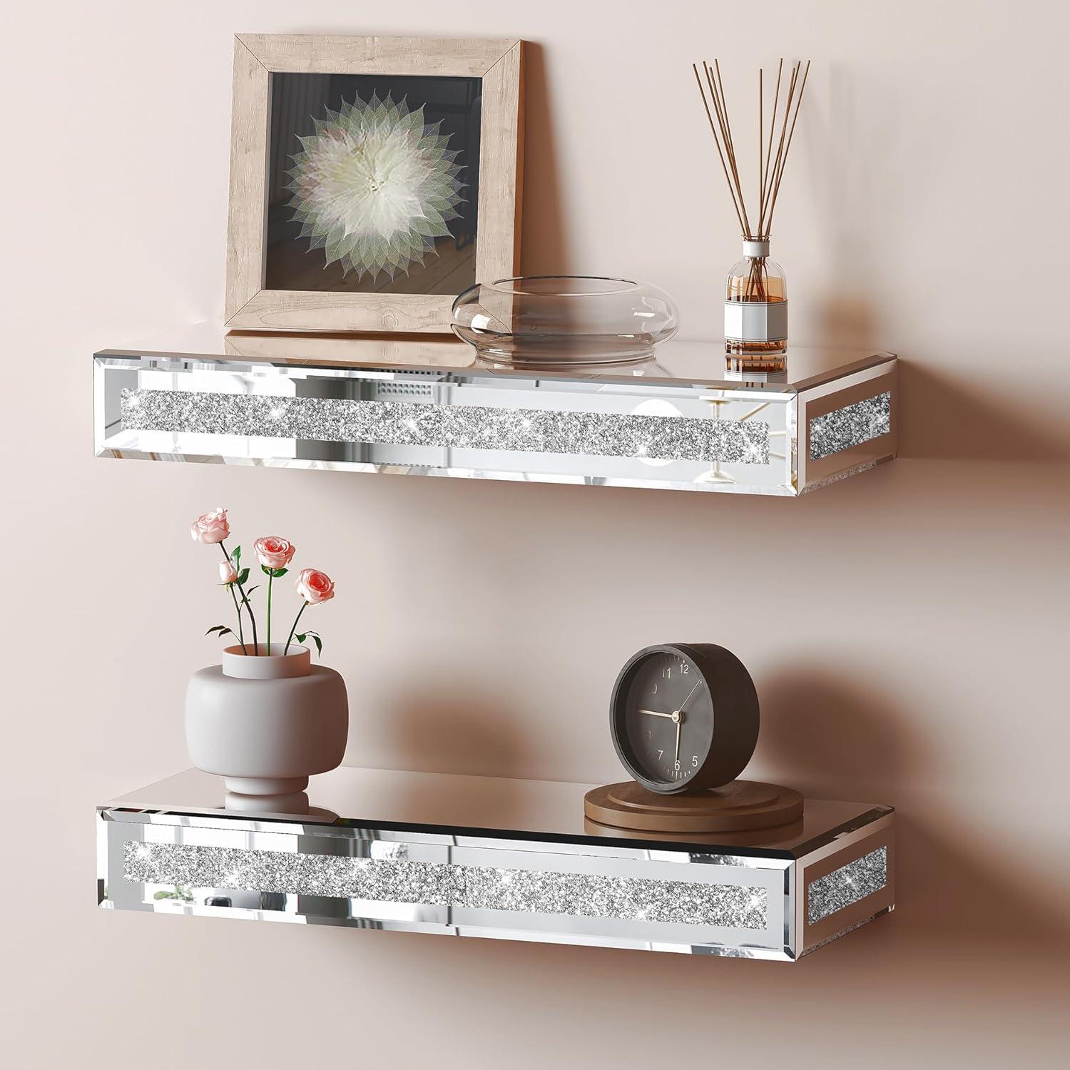 SHYFOY 2 Piece Mirror Floating Wall Shelf for Home Kitchen