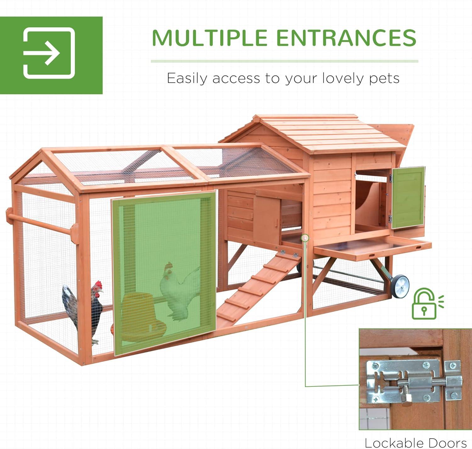 PawHut 96.5" Chicken Coop Wooden Hen House Rabbit Hutch Poultry Cage Pen Portable Backyard With Wheels Outdoor Run and Nesting Box