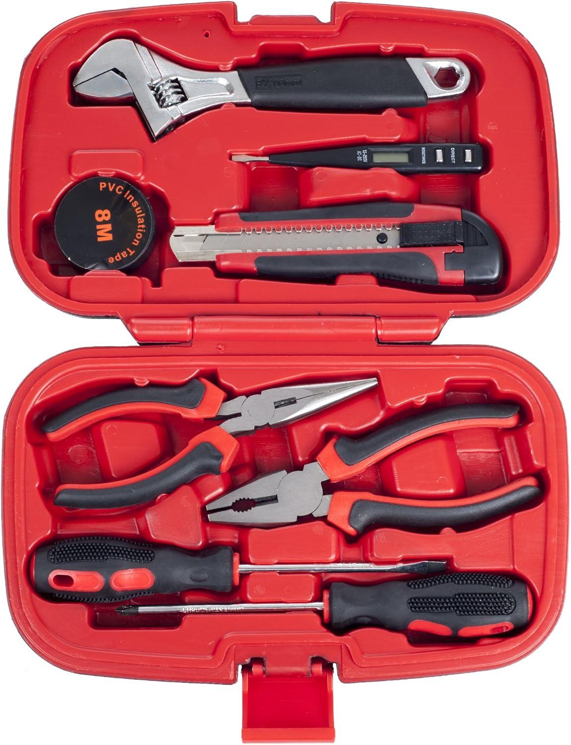 Red and Black 9-Piece Household Hand Tool Set with Ergonomic Handles