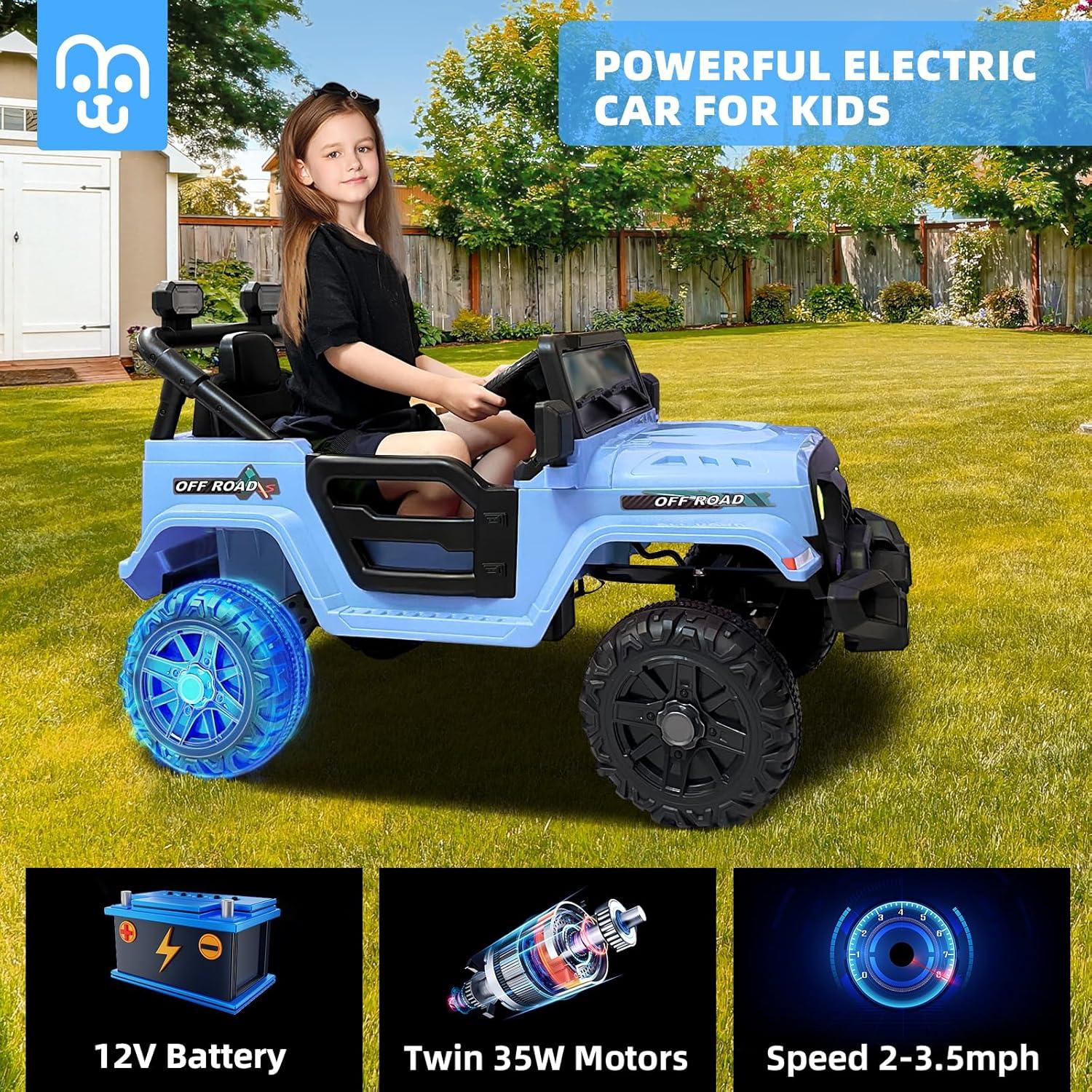 12V Kids Ride On Truck, Toddlers Battery Powered Electric Vehicle with Remote Control, Ride On Toy Car with 3 Speeds, Spring Suspension Headlight, Music for Boys Girls 3-8, Blue