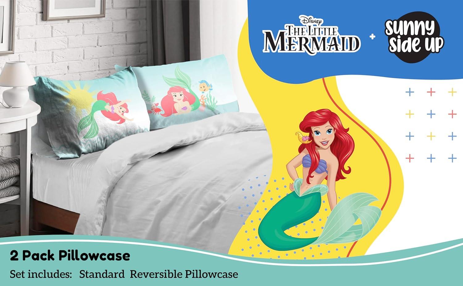 Sunny Side Up Disney The Little Mermaid 2 Pack Reversible Pillowcases - Double Sided Pillow Covers, Kids Super Soft Airel Bedding