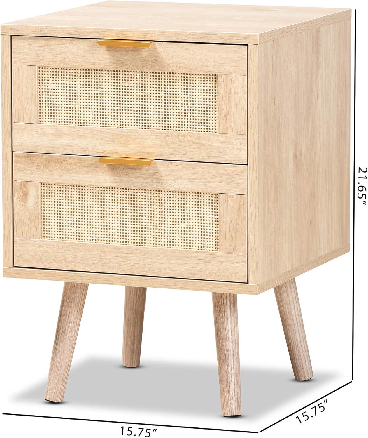 Baird Wood and Rattan 2 Drawer Nightstand Brown - Baxton Studio: Bohemian Style, Gold Tone Handles