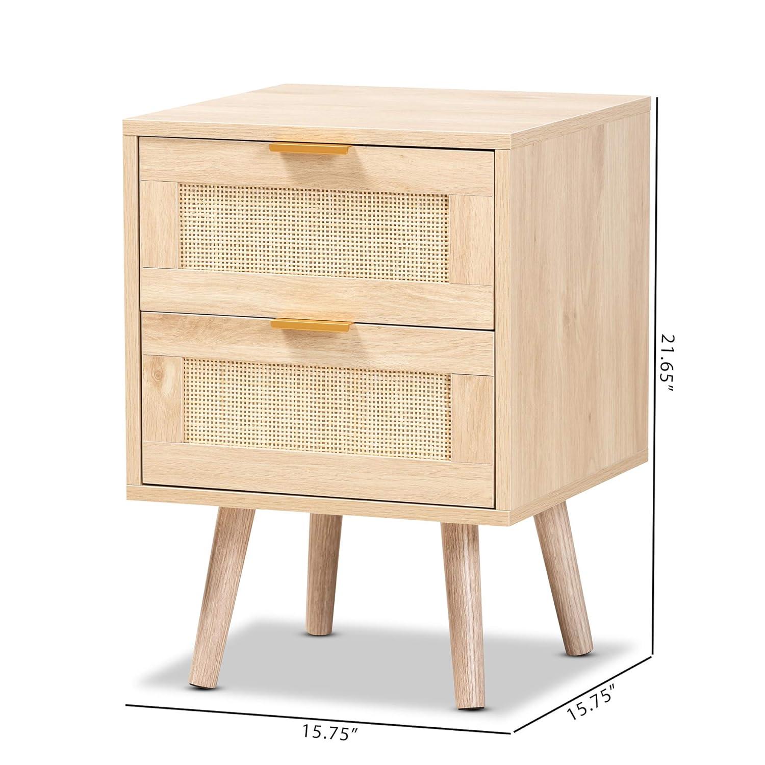Baird Wood and Rattan 2 Drawer Nightstand Brown - Baxton Studio: Bohemian Style, Gold Tone Handles
