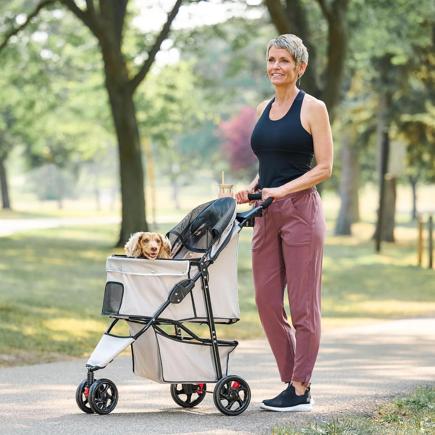 Carlson Pet Products Stroller, Includes 360 Degree Front Wheel Swivel, Rear Wheel Breaks, Reflective Trim, Mesh Panels, Umbrella and Mesh Canopy, Khaki, Pets up to 30 lbs