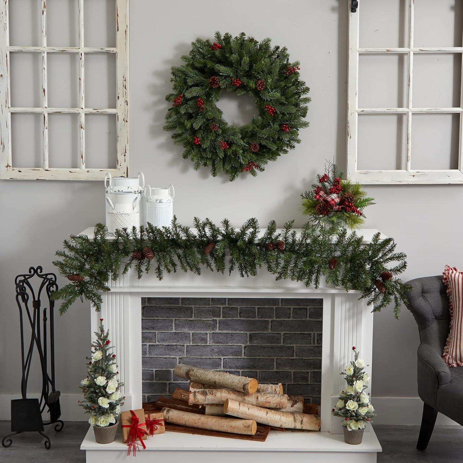 Nearly Natural 30” Lighted Pine Wreath w/Berries & Pine Cones