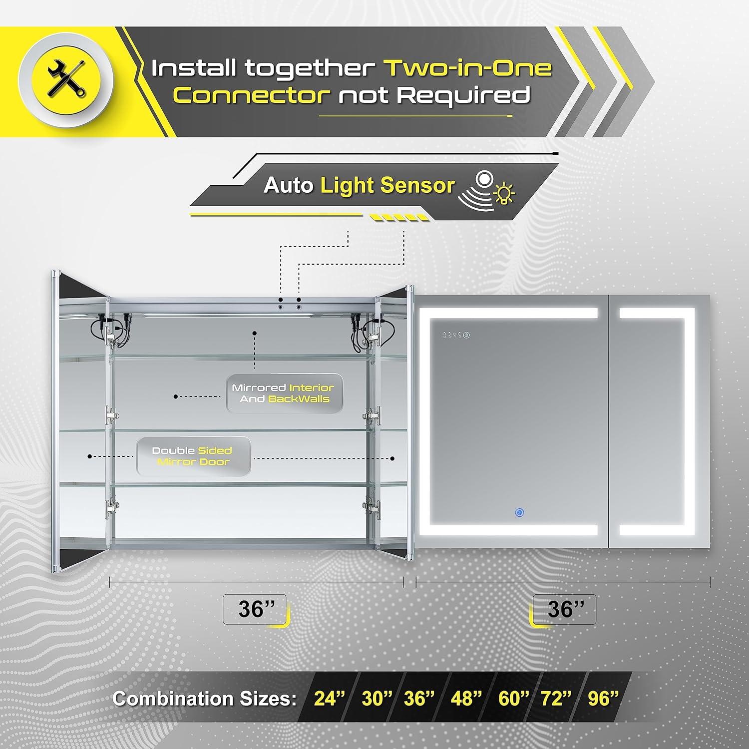 DECADOM LED Mirror Medicine Cabinet Recessed or Surface, Dimmer, Clock, Room Temp Display, Dual Outlets (Duna 36x32)