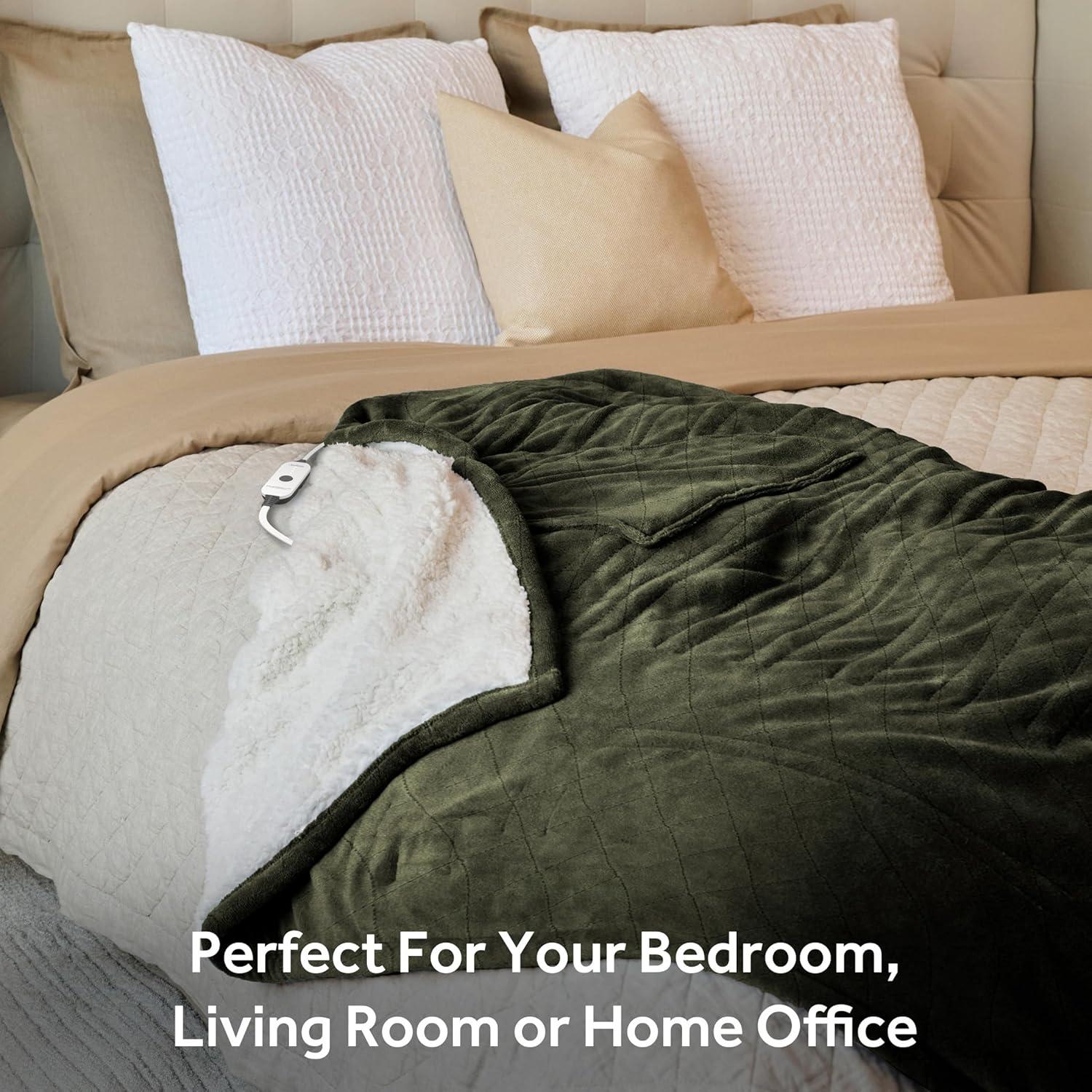 Sunbeam 50" x 60" Quilted Nordic Velvet Reverse Shearling Heated Throw Electric Blanket Olive: Lightweight, Machine Washable