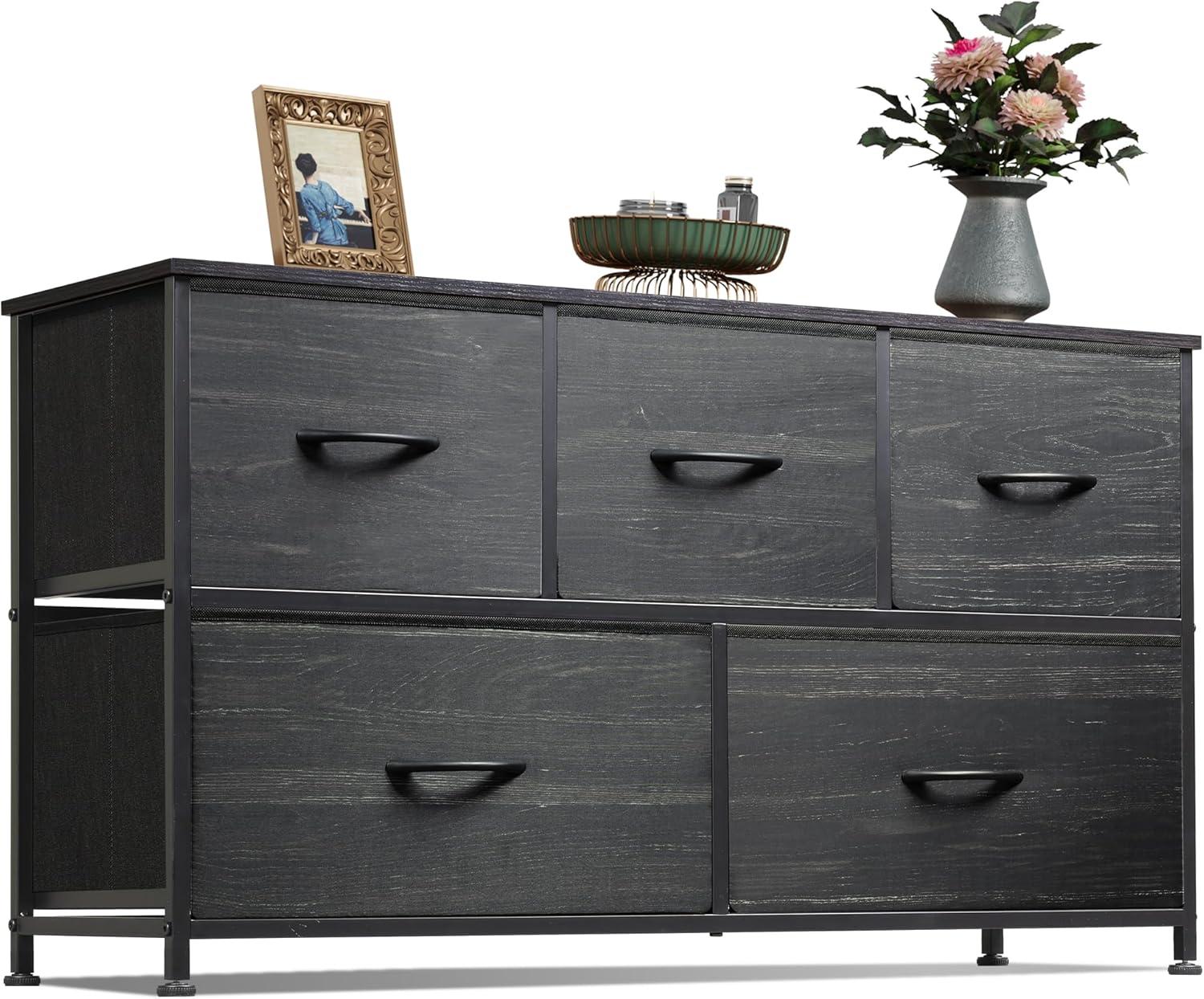 EDX 5 Drawer Dresser, Wide Chest Of Drawers Nightstand Storage Tower Storage Dresser Fabric Dresser With Wood Top for Living Room, Bedroom, Hallway,Black