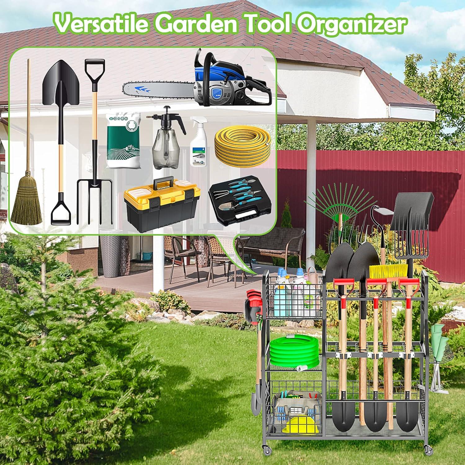 Black Steel 3-Tier Garden Tool Organizer with Wheels