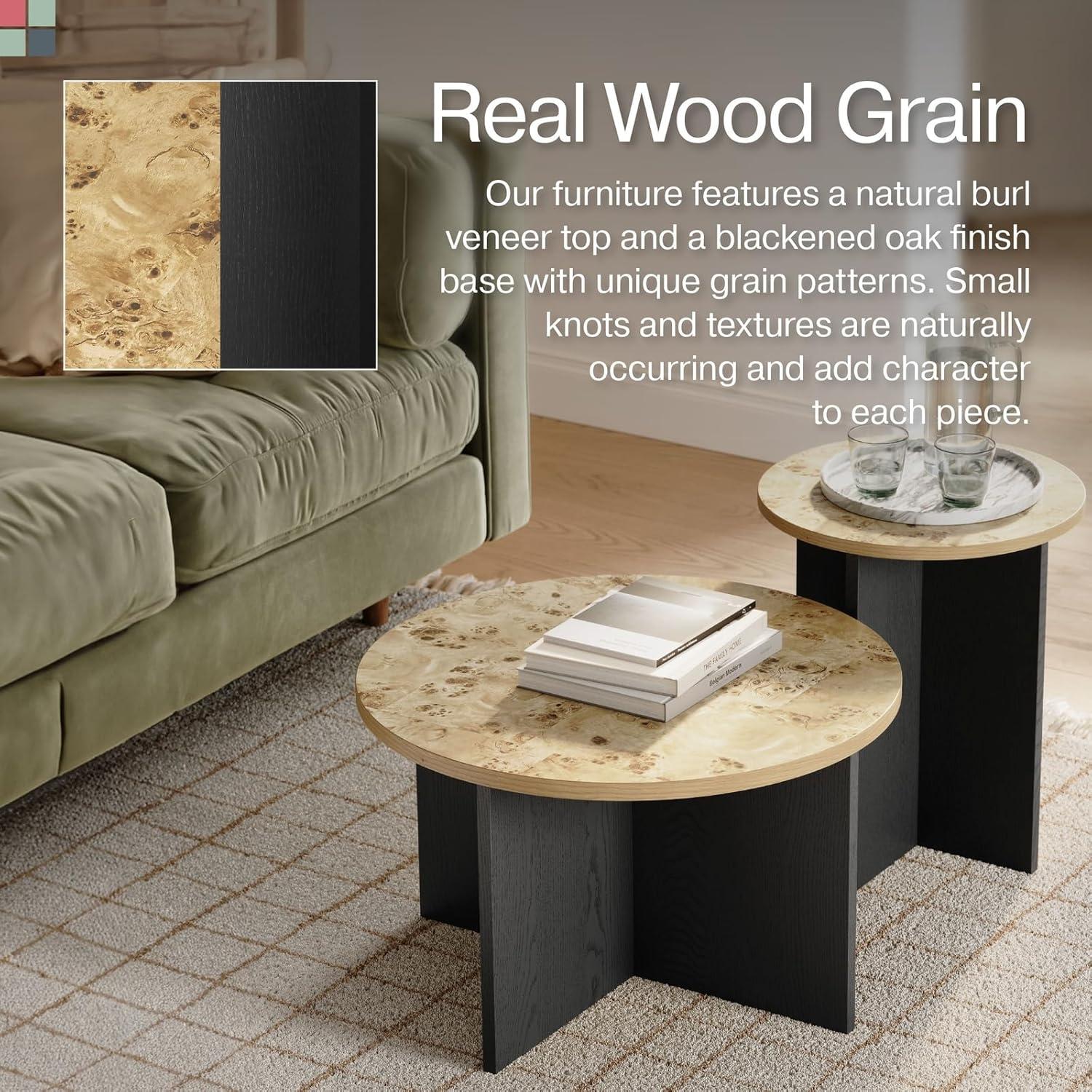 Stead Black and Burl Wood Coffee Table - Black and Wood Coffee Table - Round Nesting - 2 Piece Coffee Table Set