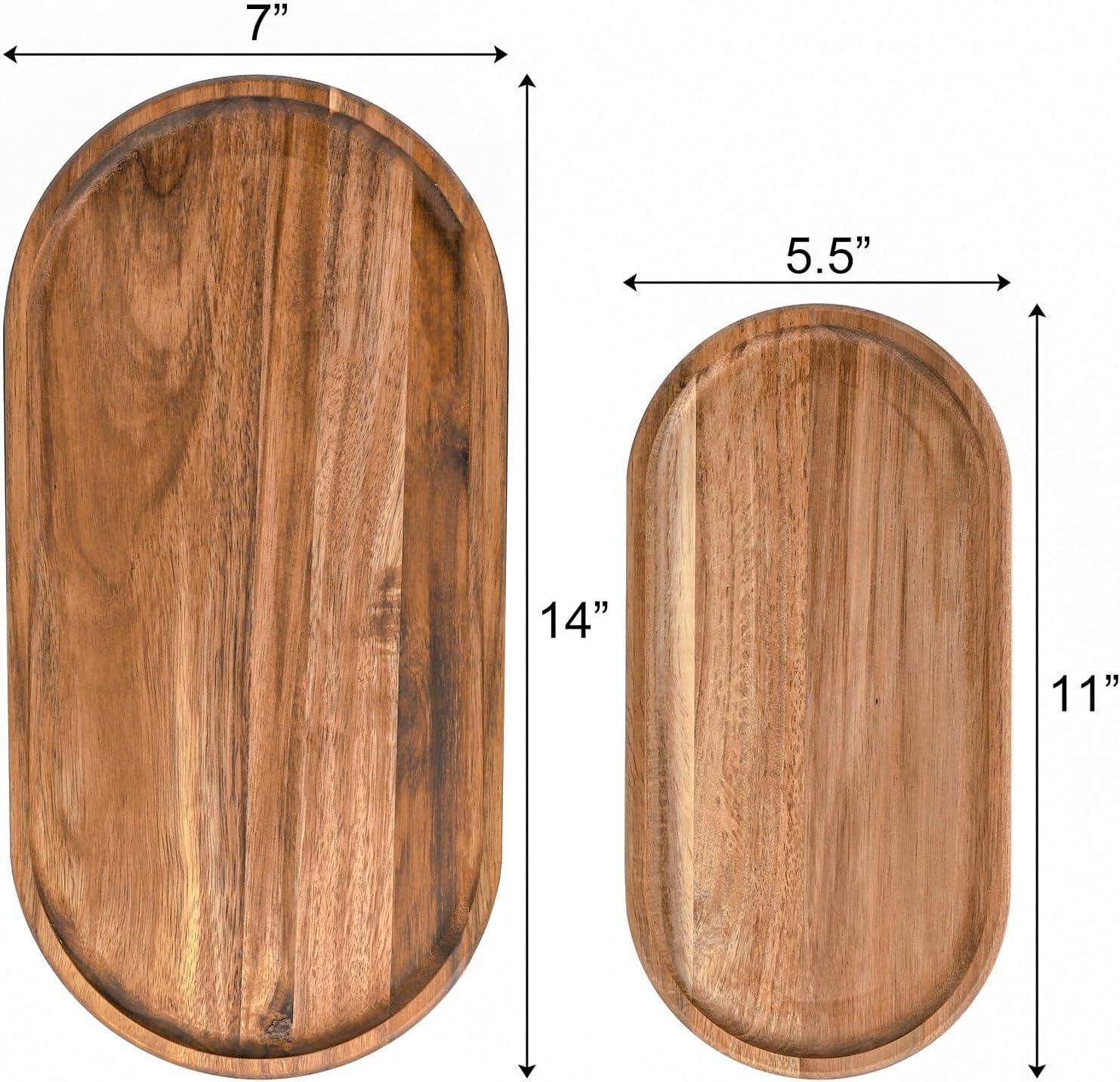 SPEShh Acacia Wooden Serving Trays Set of 2 - Rectangular Oval Shaped Wood Plates for Charcuterie Cheese Bread Fruit Vegetable Dip Sushi - Rustic Serving Platter Shallow Dishes -14x7 & 11x5.5 In.