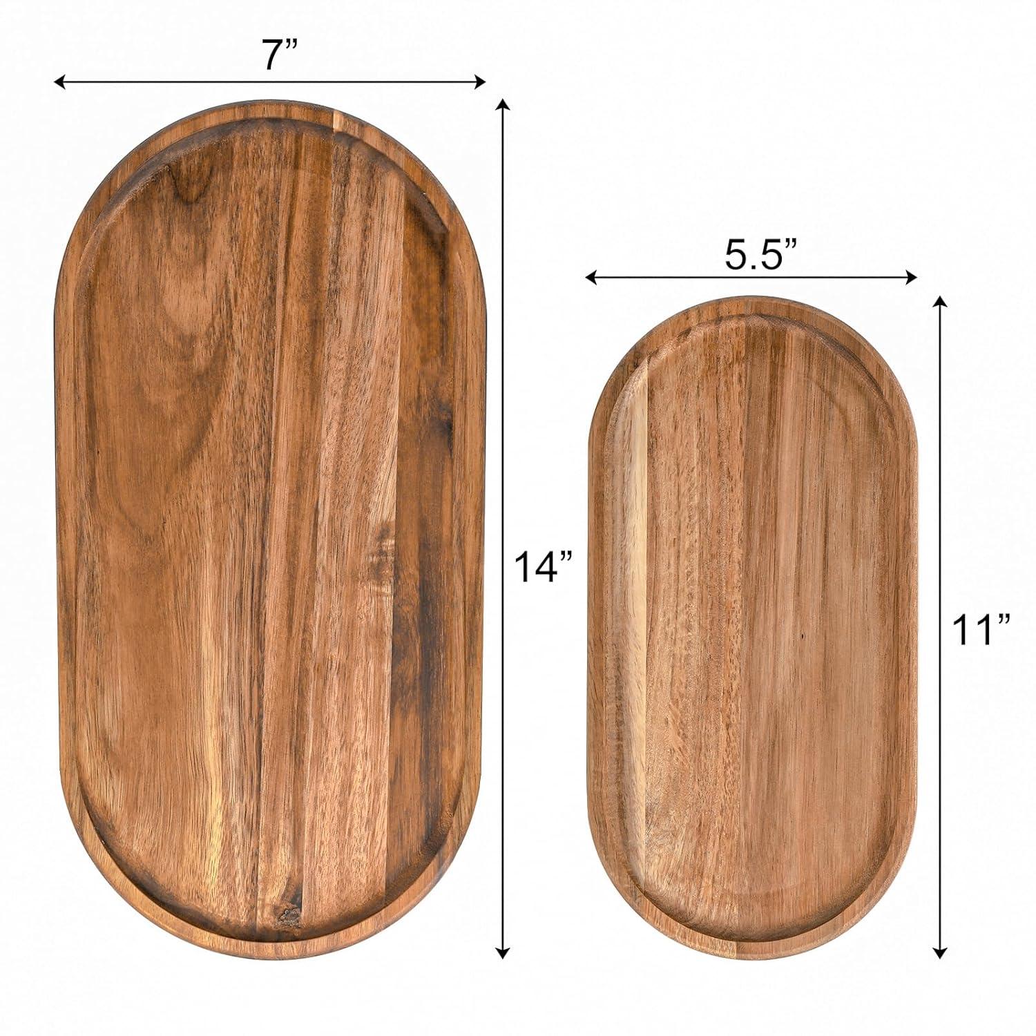 SPEShh Acacia Wooden Serving Trays Set of 2 - Rectangular Oval Shaped Wood Plates for Charcuterie Cheese Bread Fruit Vegetable Dip Sushi - Rustic Serving Platter Shallow Dishes -14x7 & 11x5.5 In.