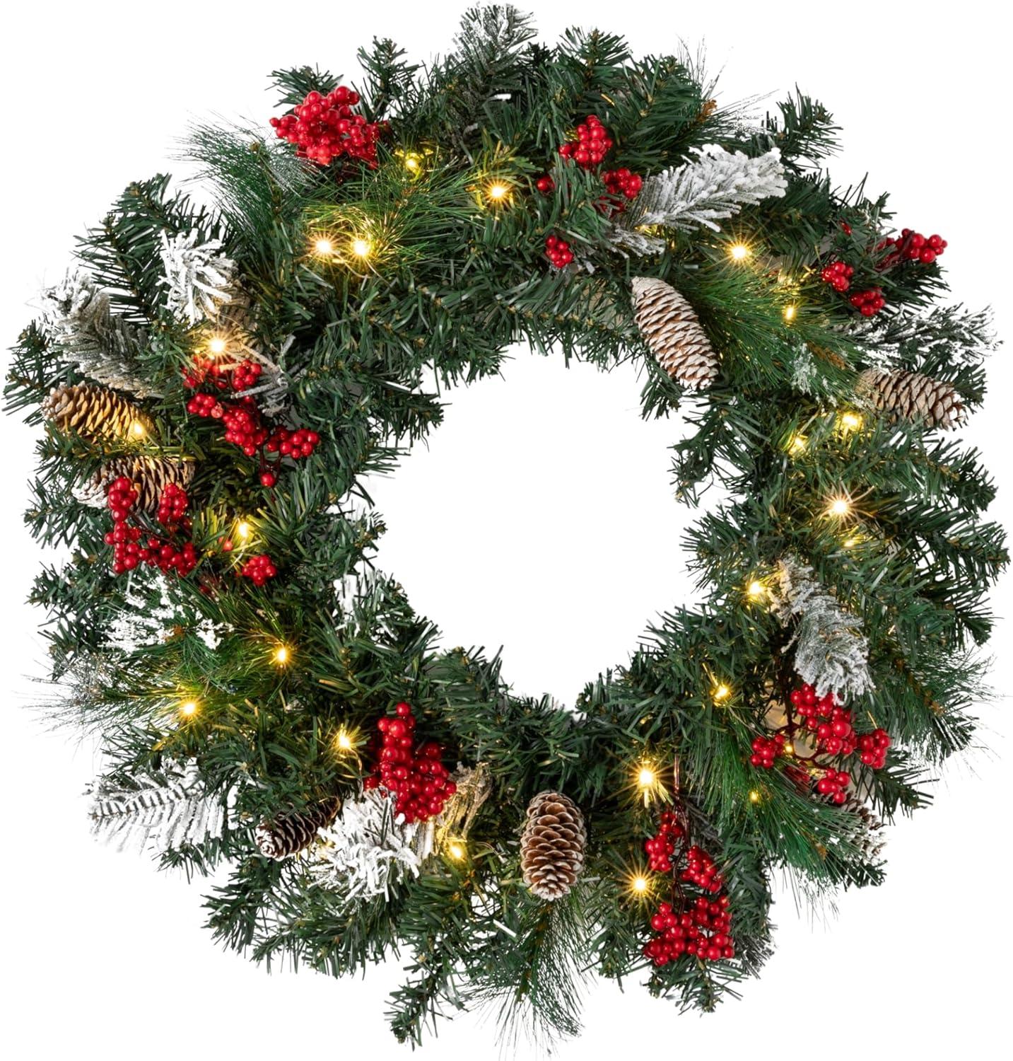 24" Pre-lit Pine Christmas Wreath with Pinecones and Berries