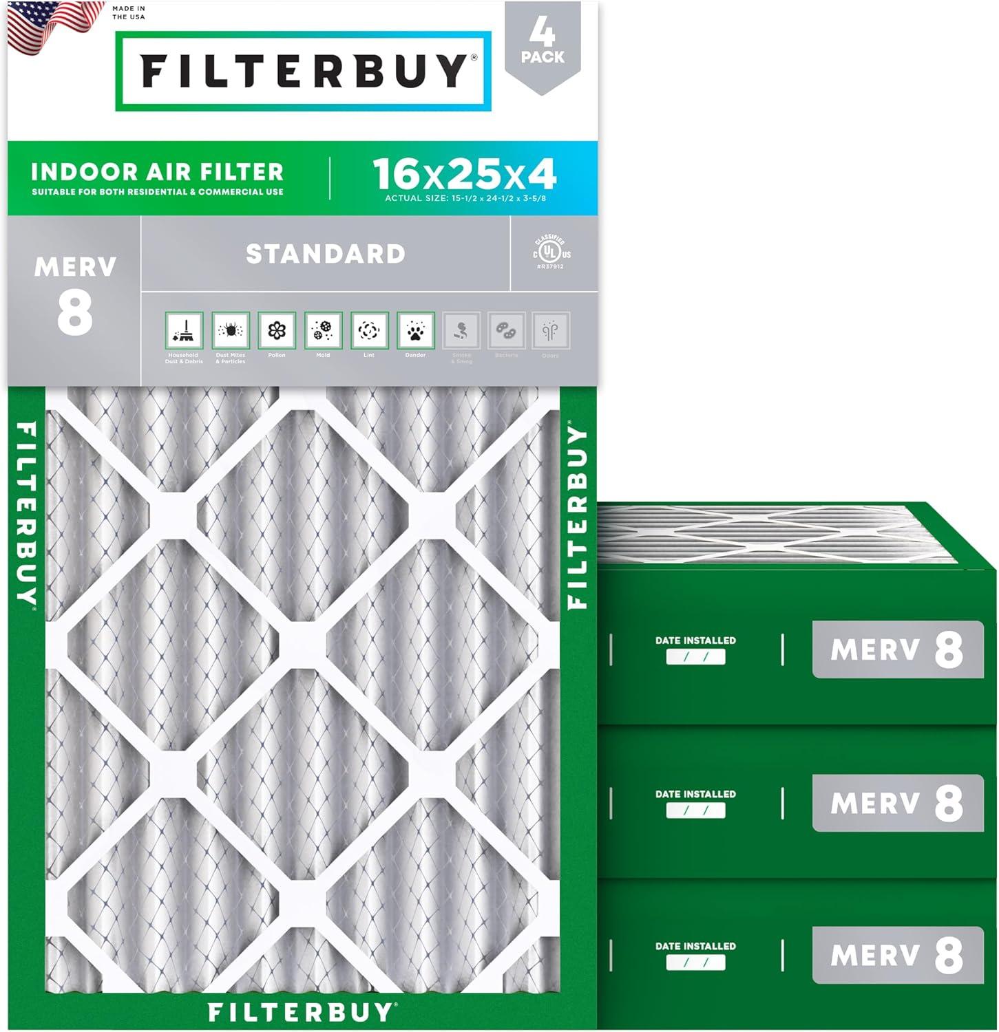 Filterbuy 16x25x4 MERV 8 Pleated HVAC AC Furnace Air Filters (4-Pack)