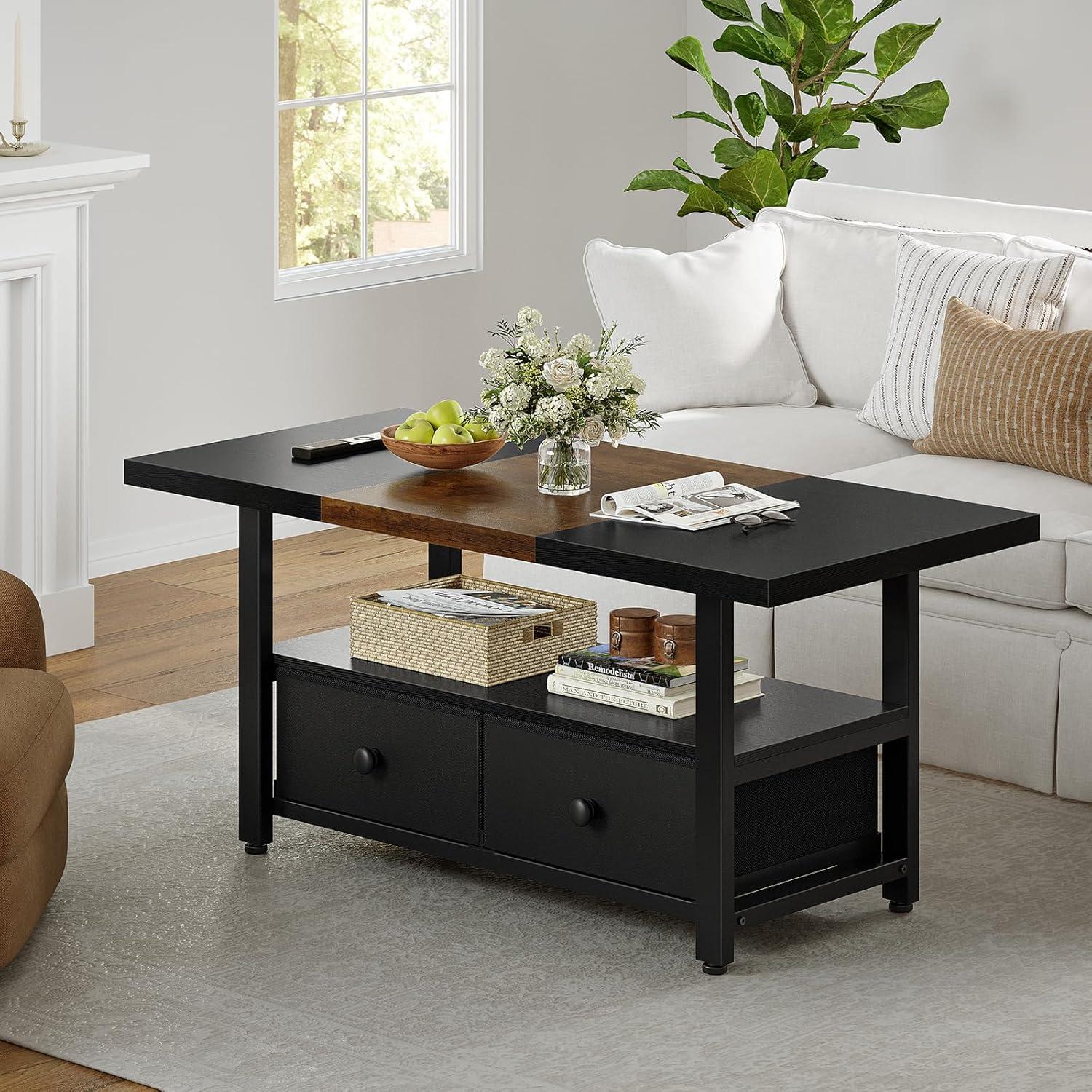 FABATO 2-Tier Coffee Table with Storage Shelf and 2 Drawers, 46'' Rectangular Center Table Wood Top for Living Room Reception Room, Metal Frame, Easy Assembly, Black