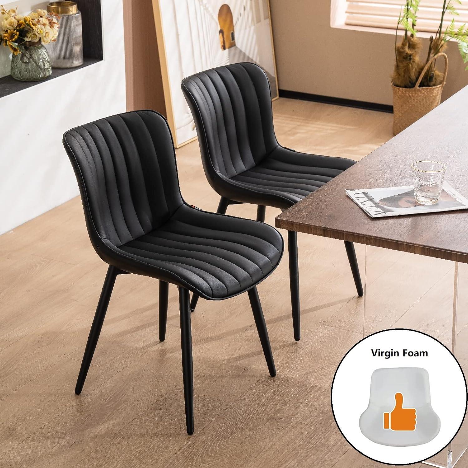 Office Chair, Mid Century Modern Upholstered Dining Chairs, Chair, 2 PCS leather Upholstered Dining Chair, with Backrest and Metal Legs, Dining Room, Bedroom, Office, Meeting Room, Black-stripe