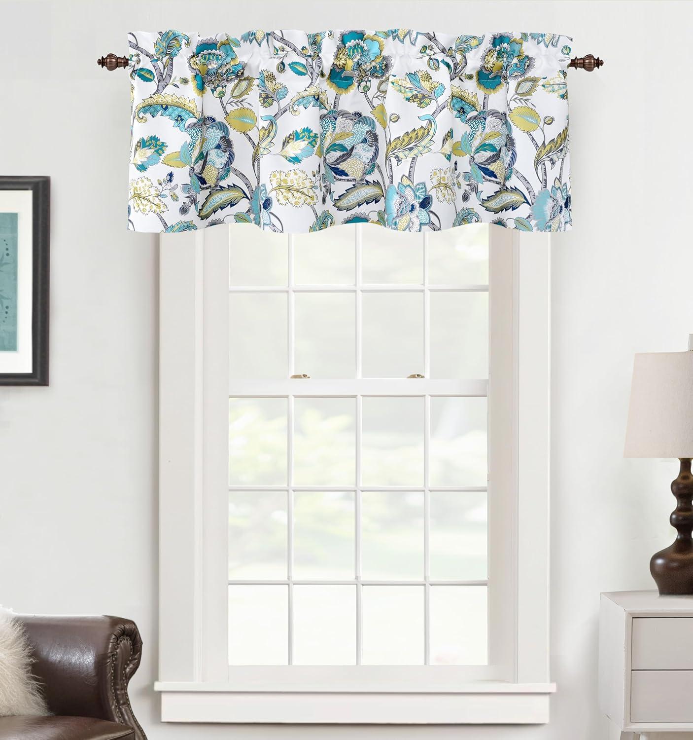 DriftAway Layla Room Darkening Valance for Kitchen Classic America Style Floral Leaves 18 Inch Length Valance for Living Room Bedroom Rod Pocket Window Treatment 52x18 White Seafoam Gray 2 Pack