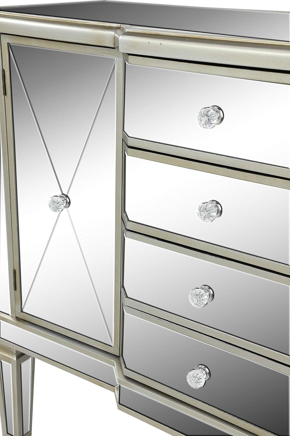 DecMode 39" x 34" Silver Wood Mirrored Panel 4 Drawers 2 Shelves and 2 Doors Buffet with Acrylic Knob Handles, 1-Piece