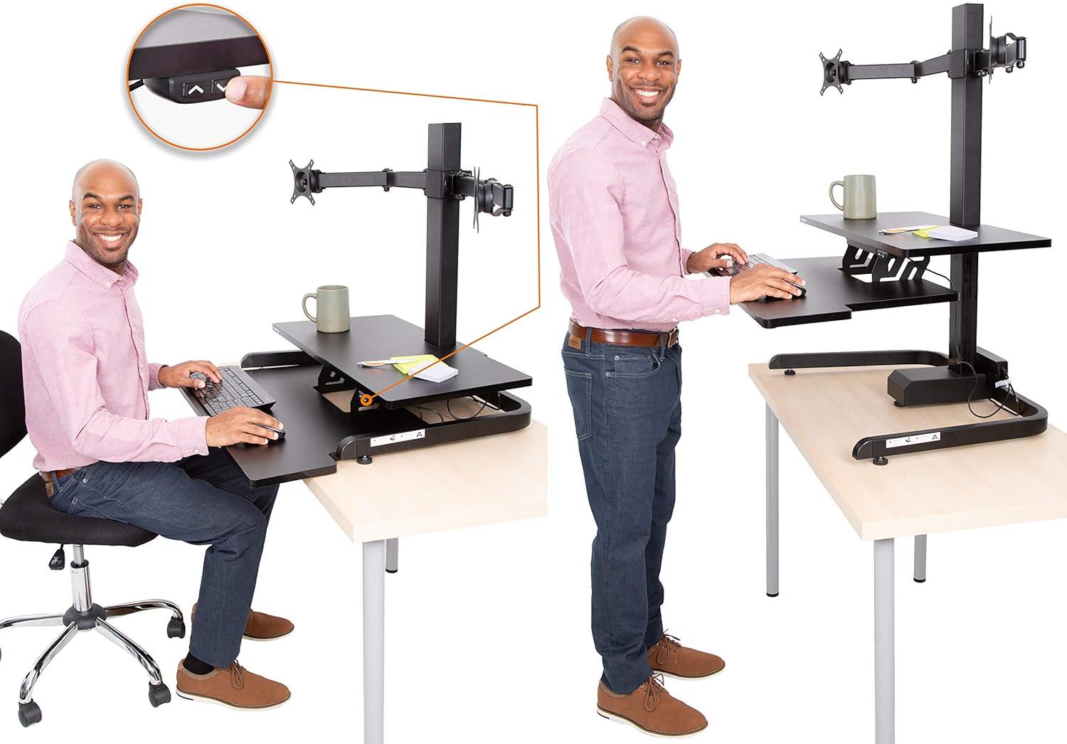 Techtonic Electric 3 Arm Monitor Mount Standing Desk - Sit to Stand Desk Converter with Keyboard Tray – Black – Stand Steady