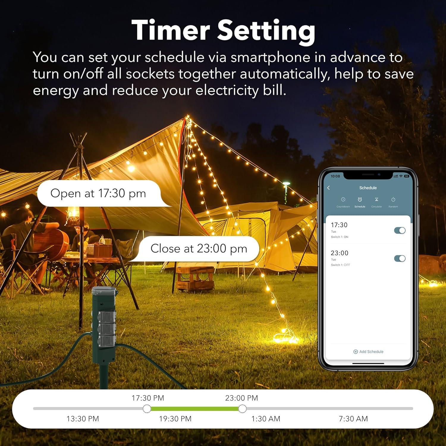 HBN Outdoor Smart Plug Waterproof with 6 Outlets,WiFi Power Stake Timer with 6Ft Cord,Outdoor Outlet Timer for Patio Lights,Compatible with Alexa & Google Assistant,Remote& Voice Control,ETL Listed