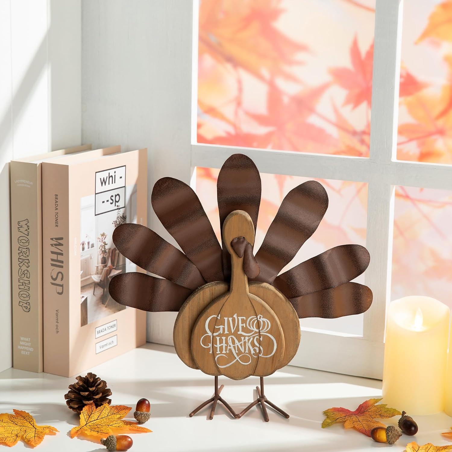 Rustic Brown Wood and Metal Thanksgiving Turkey Figurine