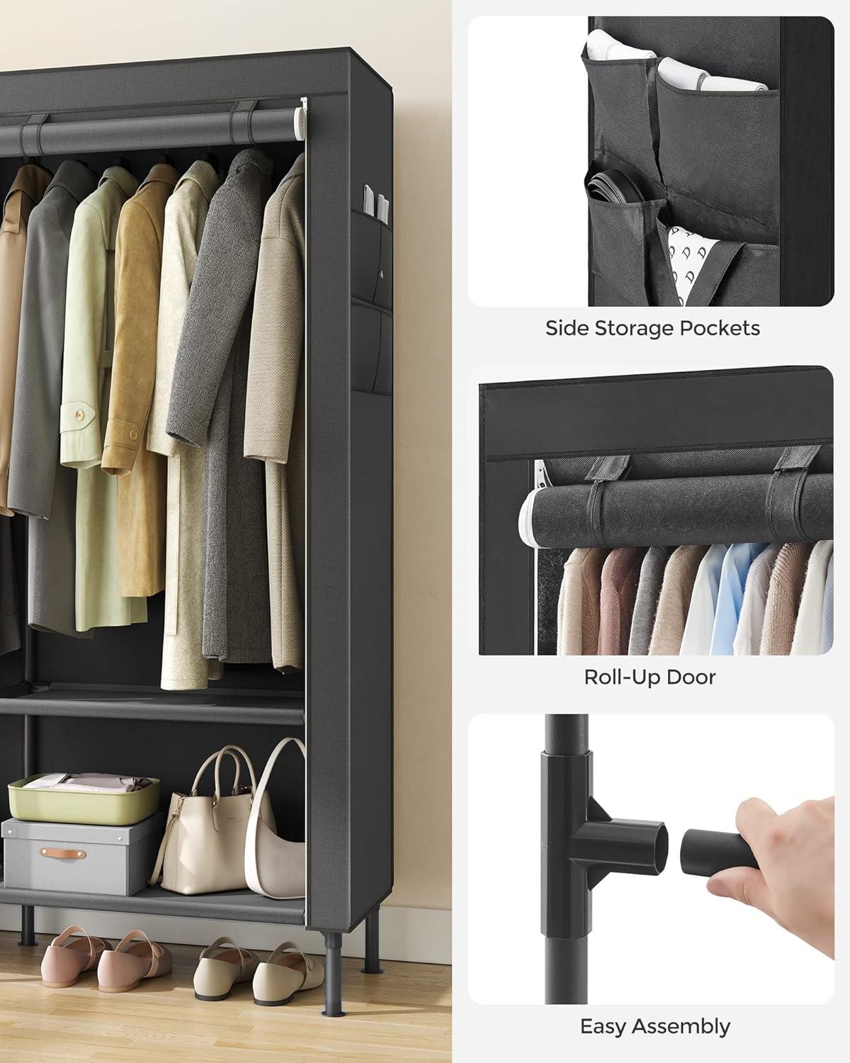 Black Heavy Duty Portable Wardrobe Closet with Shelves and Hanging Rails