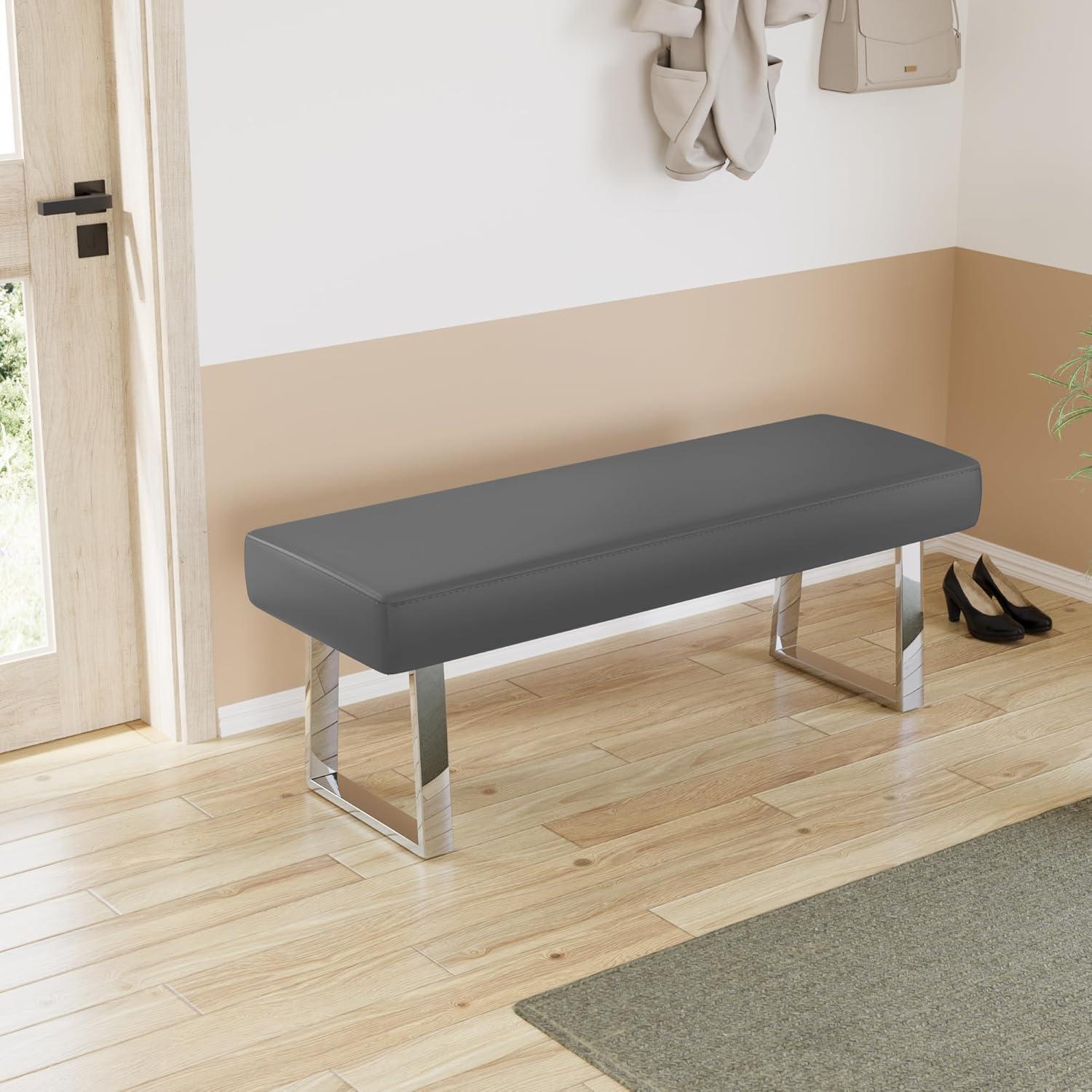 Gray Faux Leather Bedroom Bench with Chrome Metal Legs