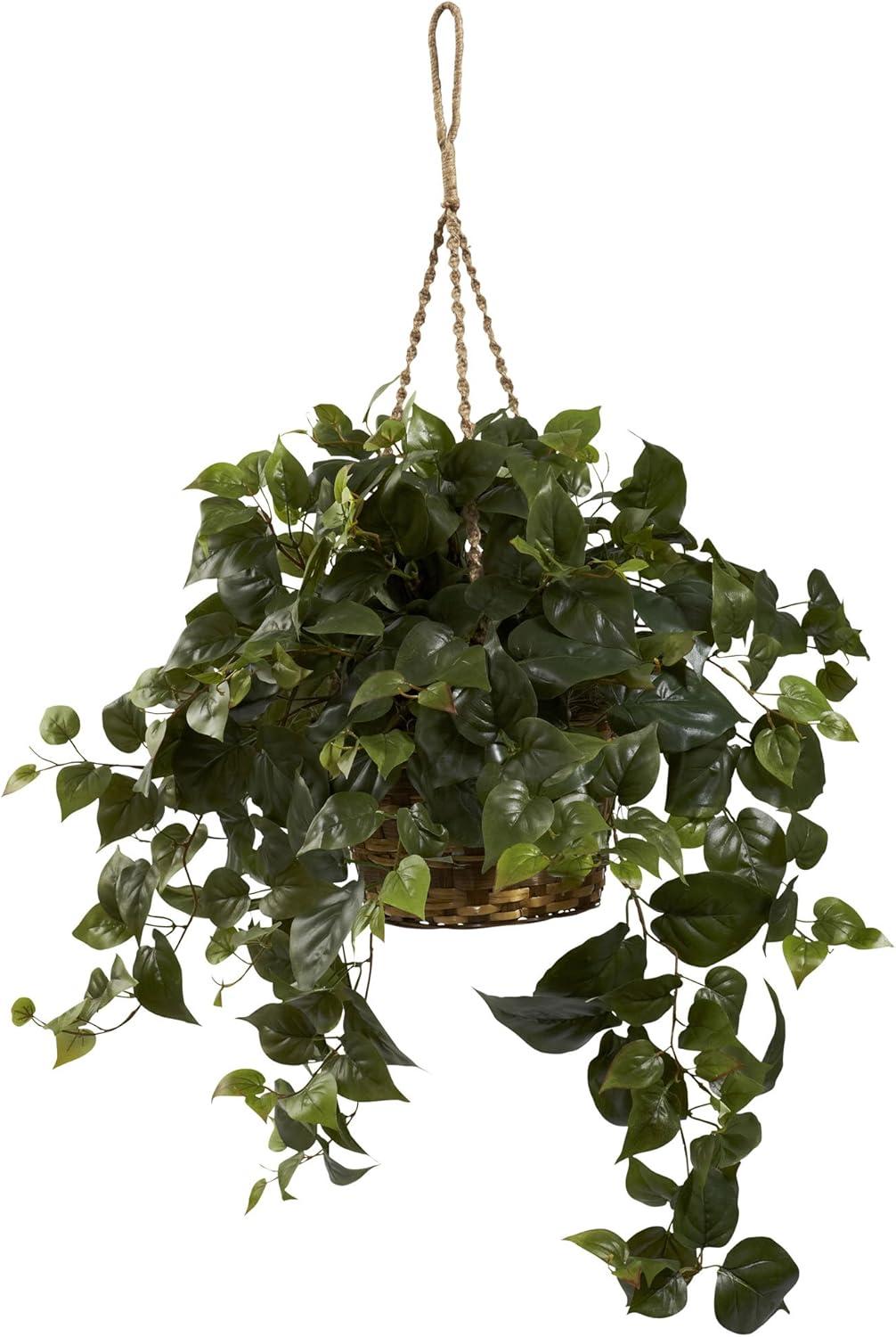 Lush Green Silk Philodendron in Decorative Plastic Hanging Basket