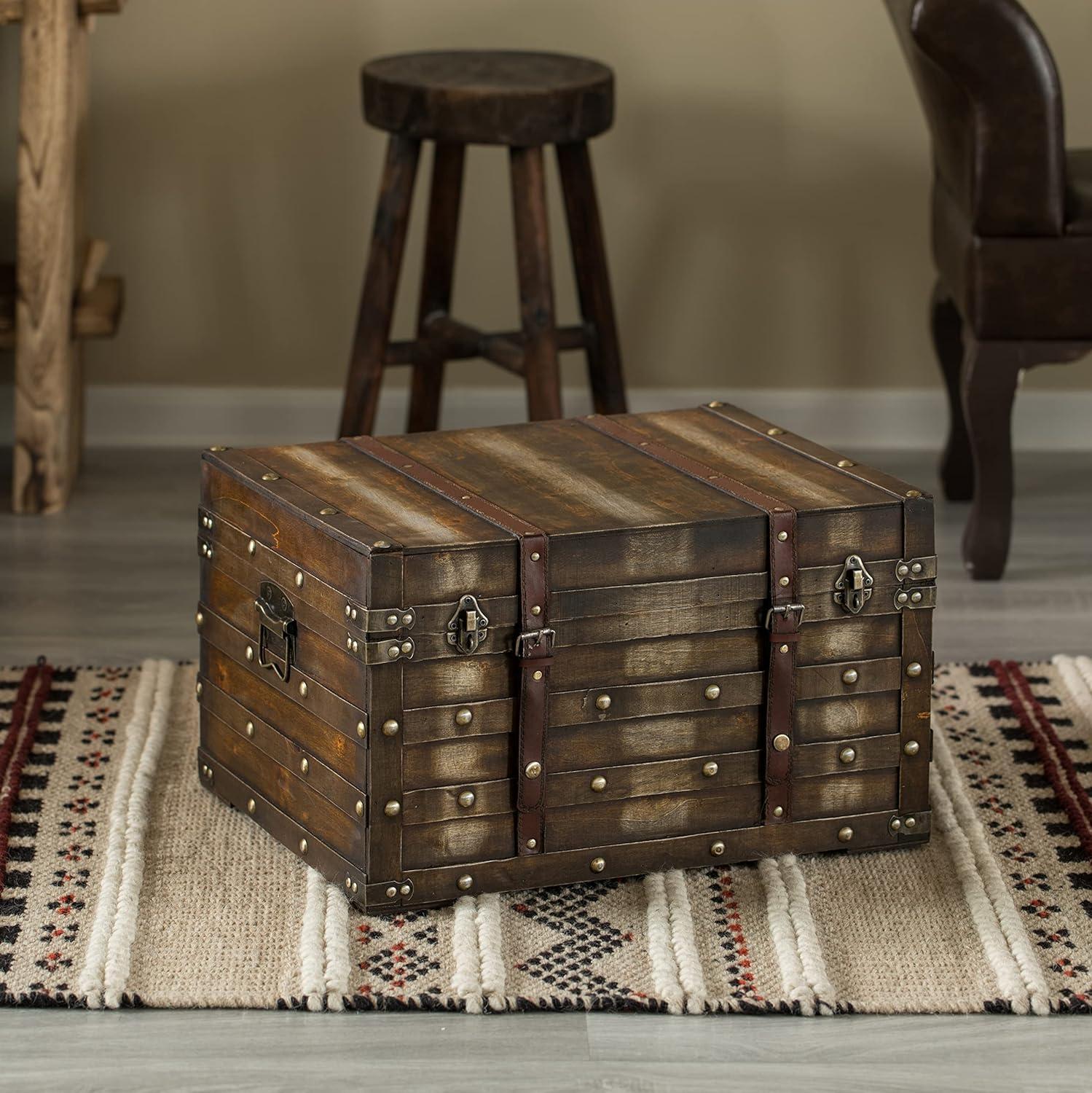 Large Distressed Brown Wooden Storage Trunk with Faux Leather Straps