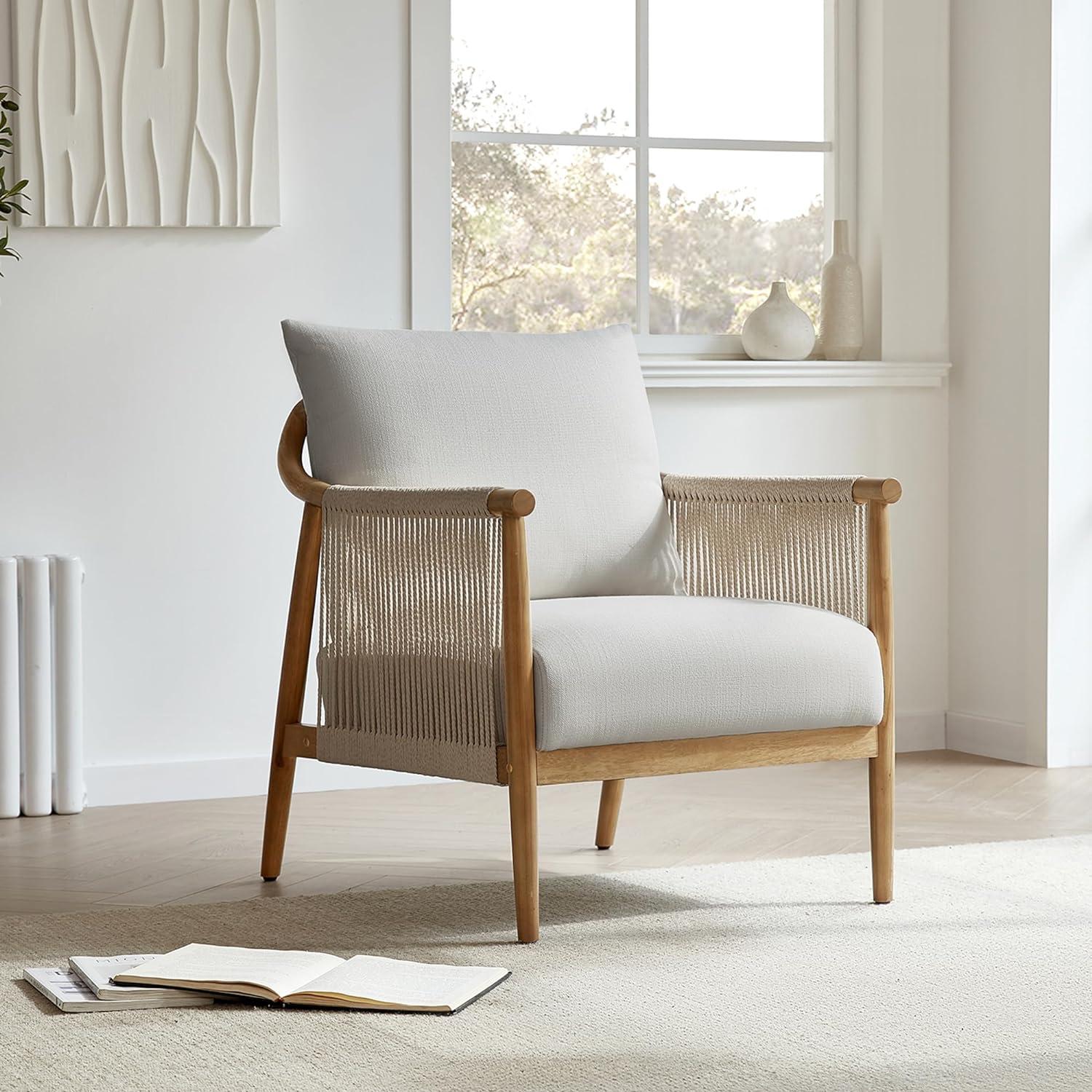 Light Grey Wood Frame Accent Chair with Braided Armrests