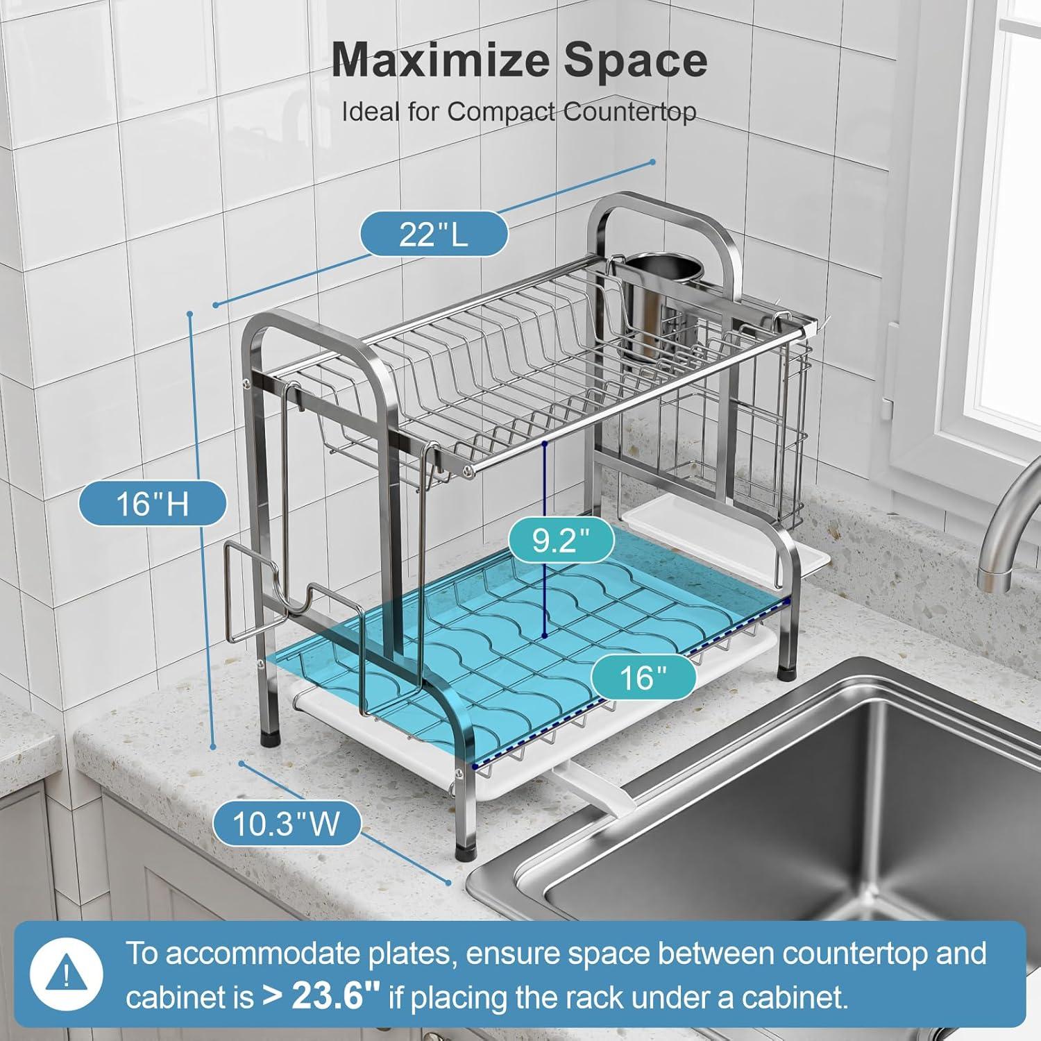2 Tier Dish Drying Rack for Kitchen Counter，Stainless Steel Large Capacity Dish Rack with Detachable Dish Drainer Organizer，Utensil Holder and Drain Board