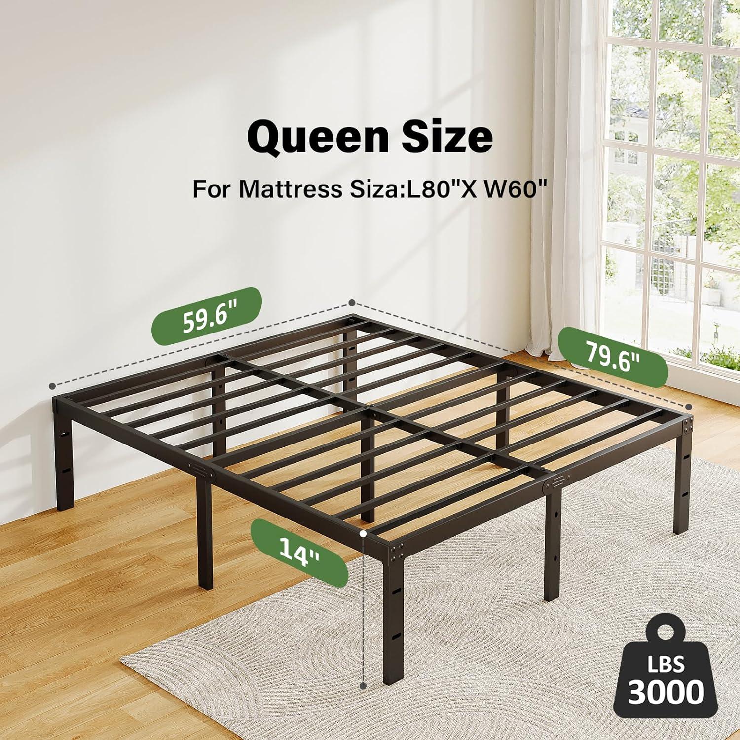 14-Inch Queen Metal Platform Bed Frame with Heavy-Duty Steel Slat Support, 772 lbs Capacity, Noise-Free, No Box Spring Needed, Black