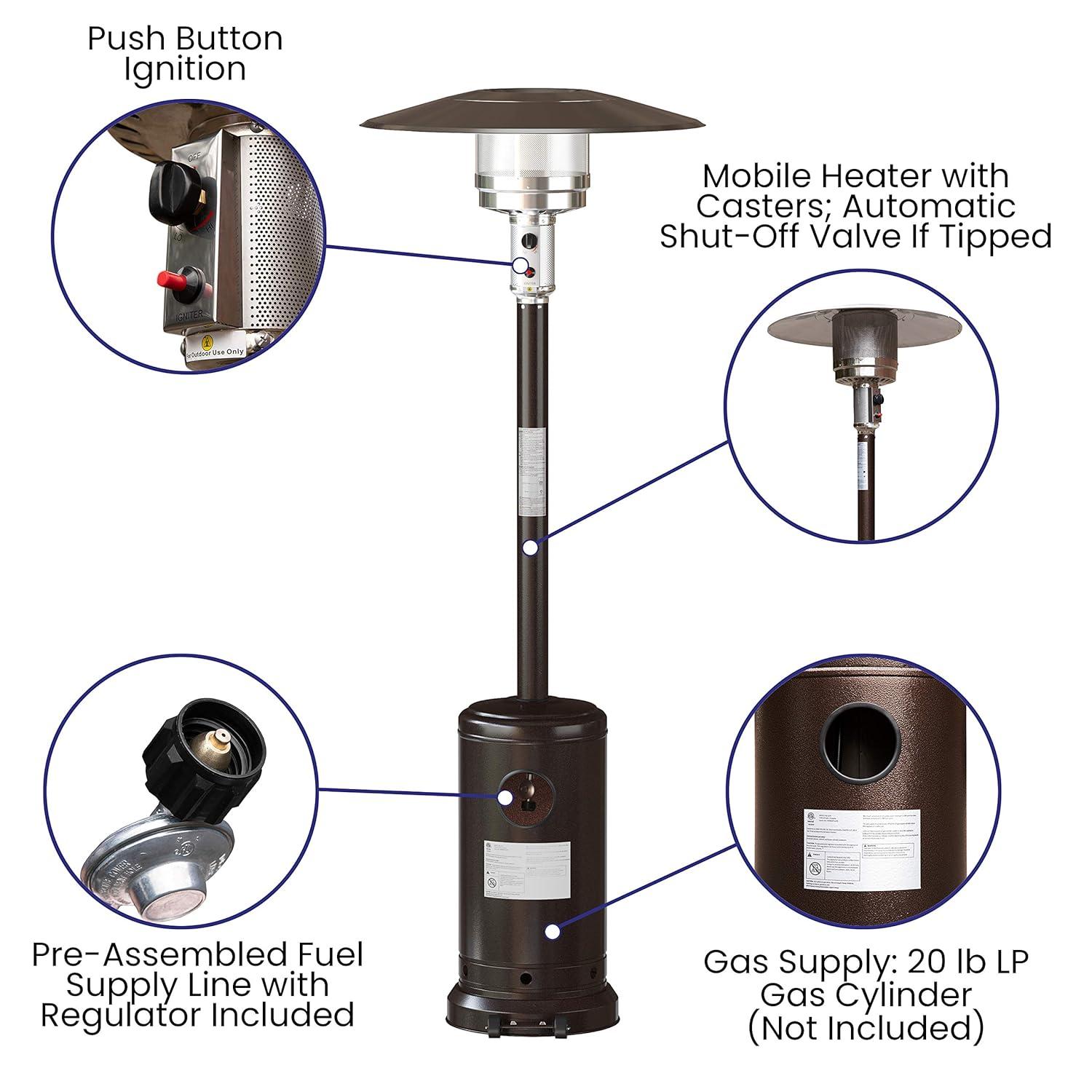 Sol 7.5' Stainless Steel Outdoor Patio 40,000 BTU Propane Heater with Wheels for Commercial & Residential Use