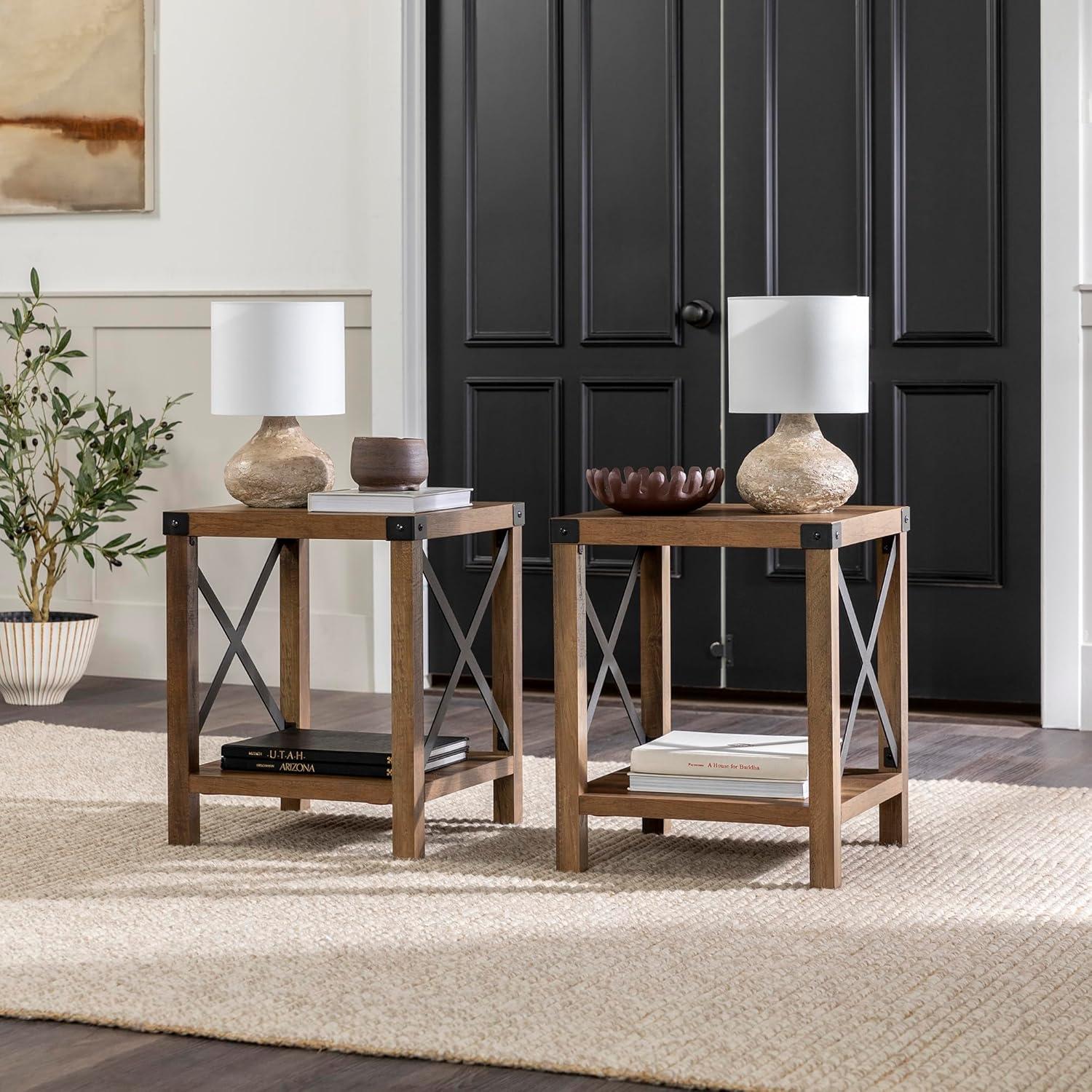 Farmhouse Metal-X End Tables with Lower Shelf in Gray Wash (Set of 2)