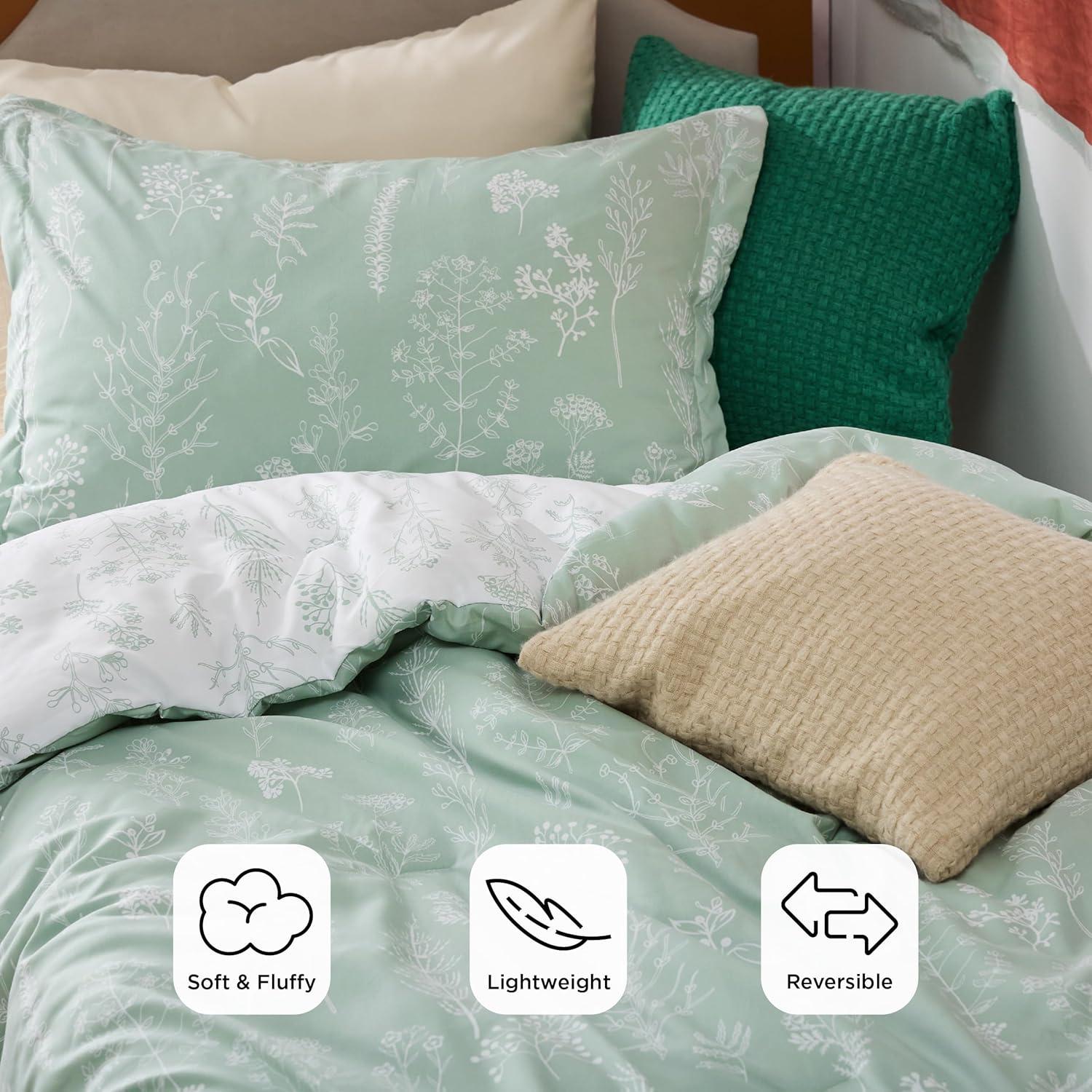 2 Pcs Floral Printed Reversible Sage Green Comforter Set Twin/Twin XL Size Soft Designed Plants Pattern Bedding Set - Bedsure