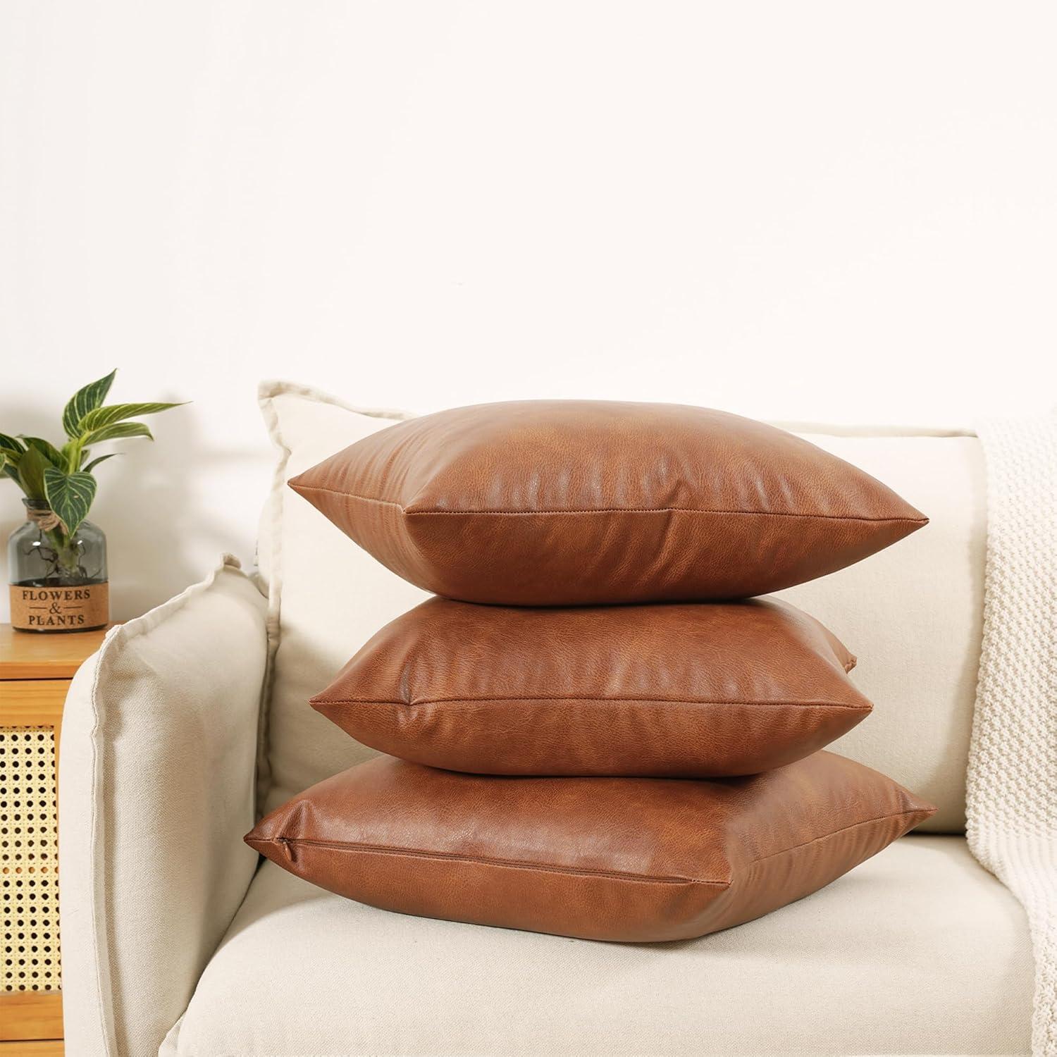 Faux Leather Throw Pillow Covers 18X18 Inch Set of 2 Brown Outdoor Modern Farmhouse Solid Decorative Pillow Covers for Room Couch Living Bedroom Bed Sofa